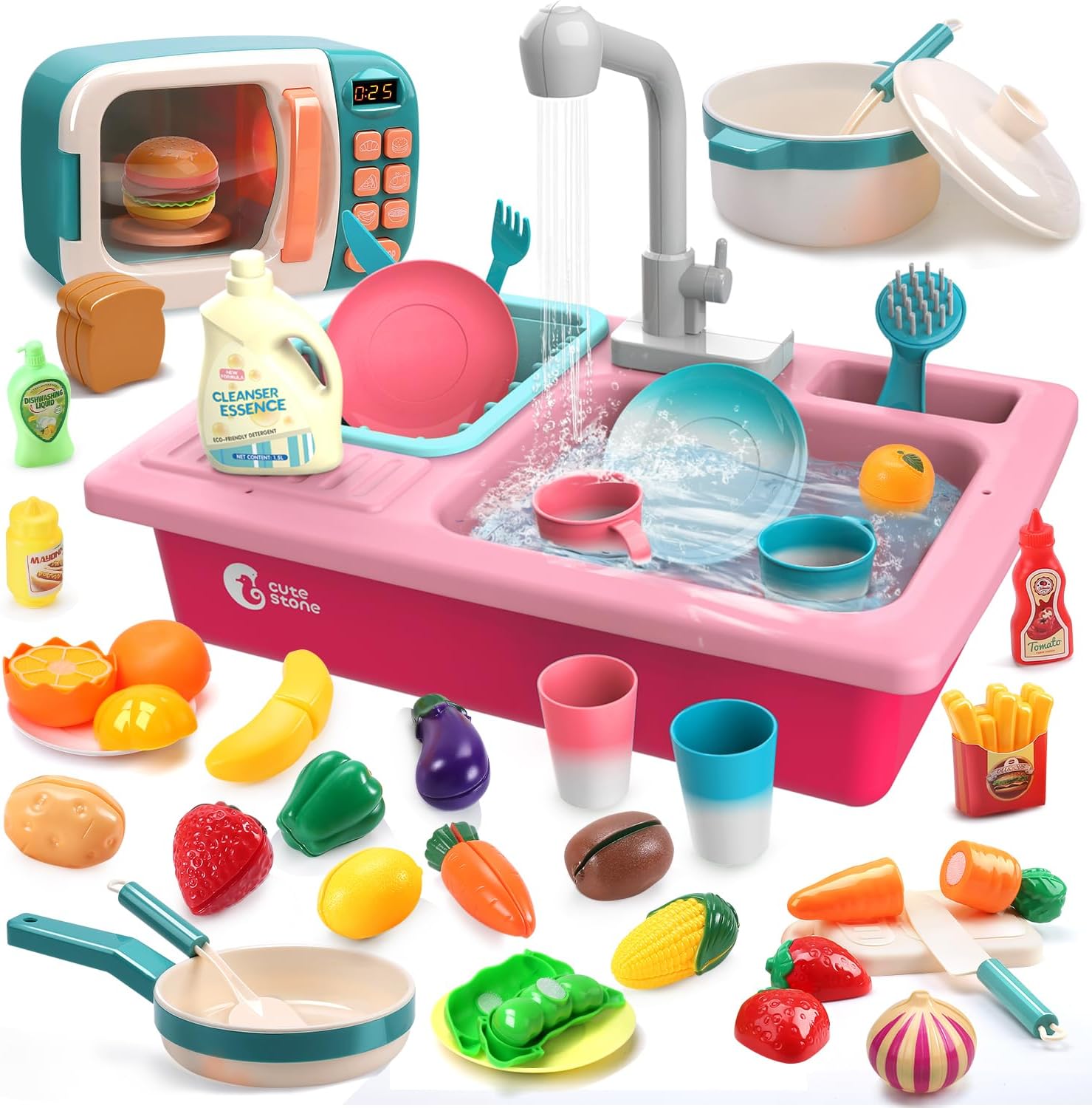 CUTE STONE Color Changing Play Kitchen Sink Toys with Upgraded Real Faucet, Electronic Microwave Toys with Play Food, Kids Cookware Pot and Pan Toy Set, Cooking Utensils
