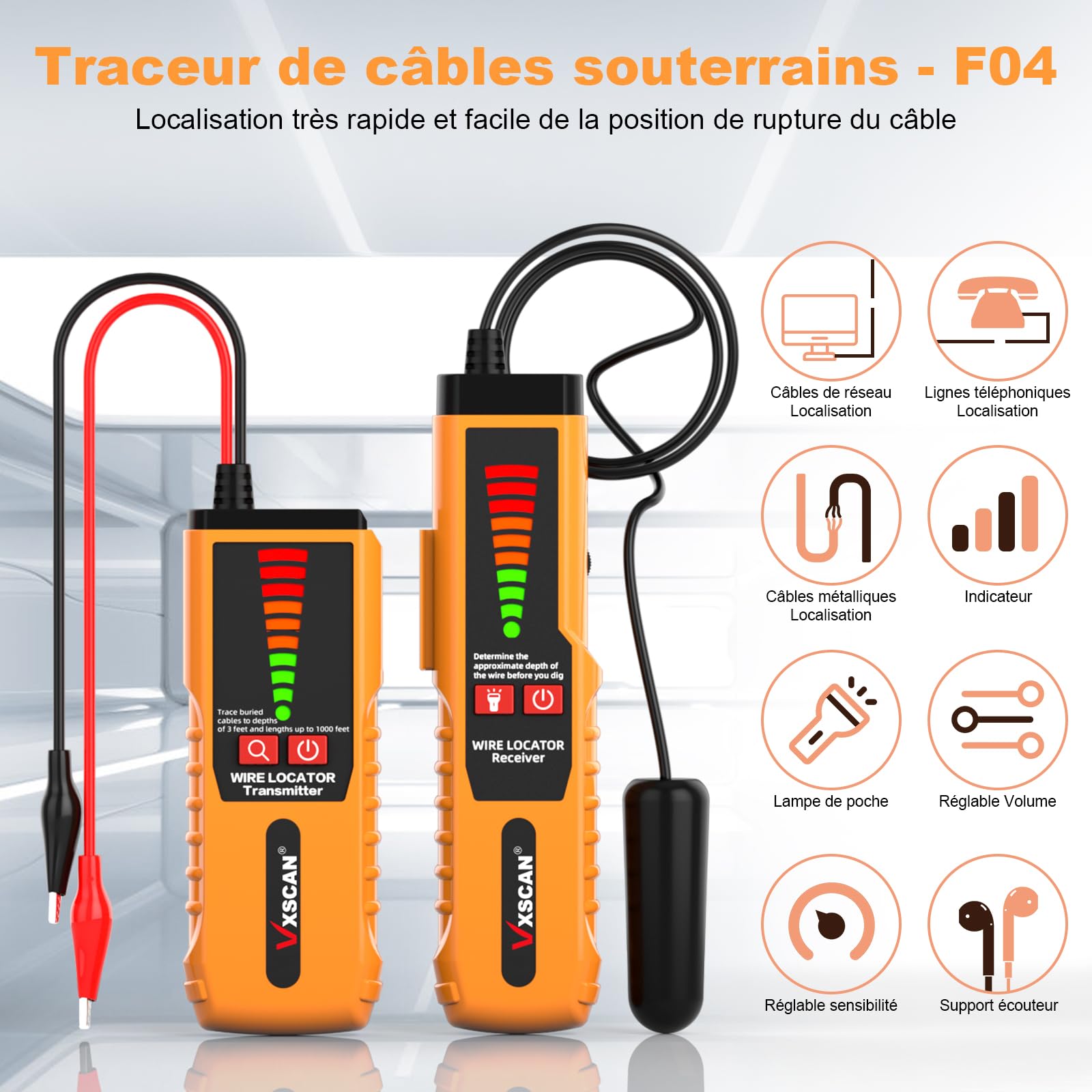 Localisateur de fils souterrains F04, Testeur de câbles avec écouteur, Traceur de fils souterrains non destructif pour localiser les fils et les fils d'irrigation des clôtures pour animaux