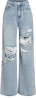 CIDER Women's High Waisted Ripped Distressed Baggy Straight Wide Leg Jeans - Trendy Comfortable Denim