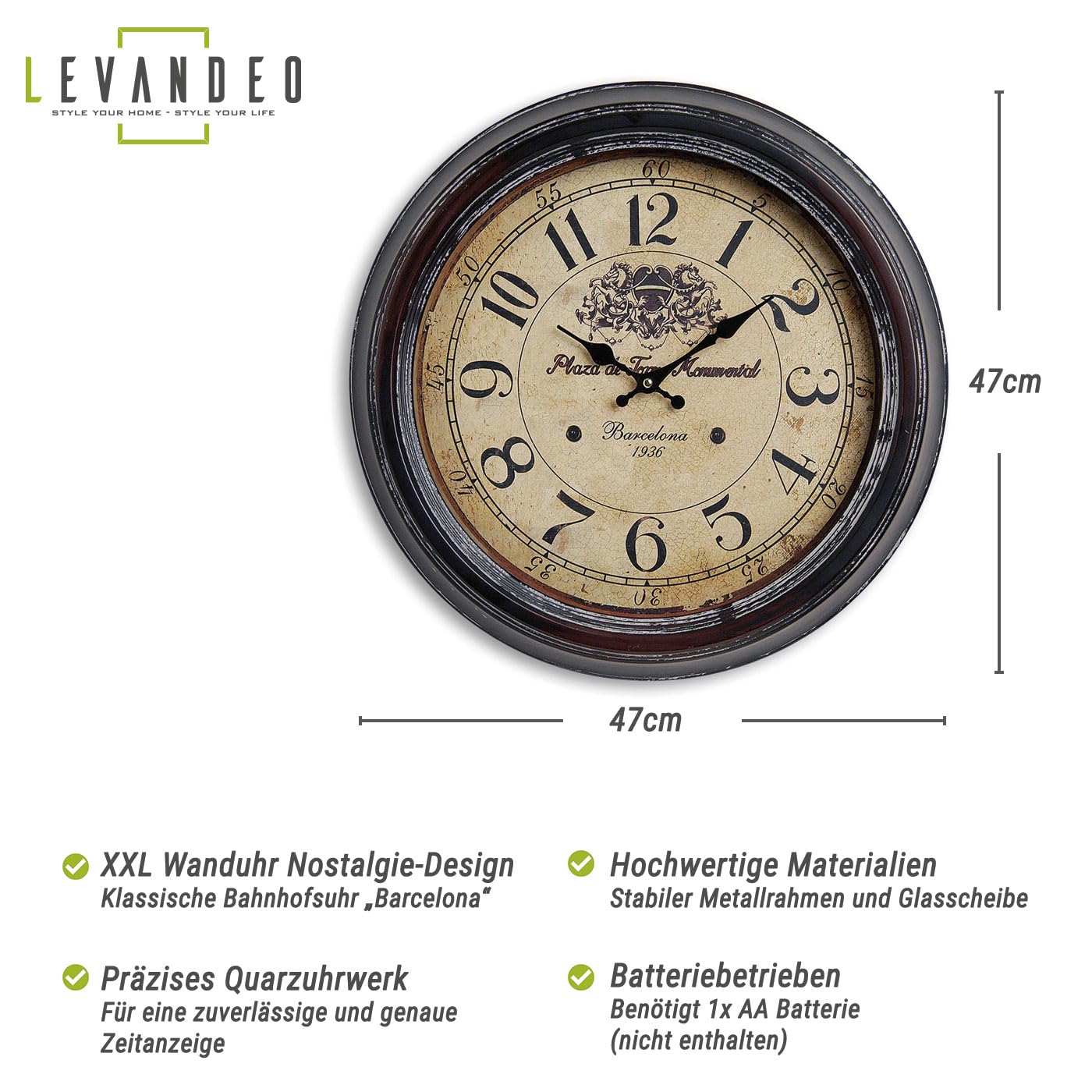levandeo Wanduhr XXL aus Metall (47 cm) – Nostalgische Bahnhofsuhr mit Barcelona-Motiv und rustikalem Vintage-Design