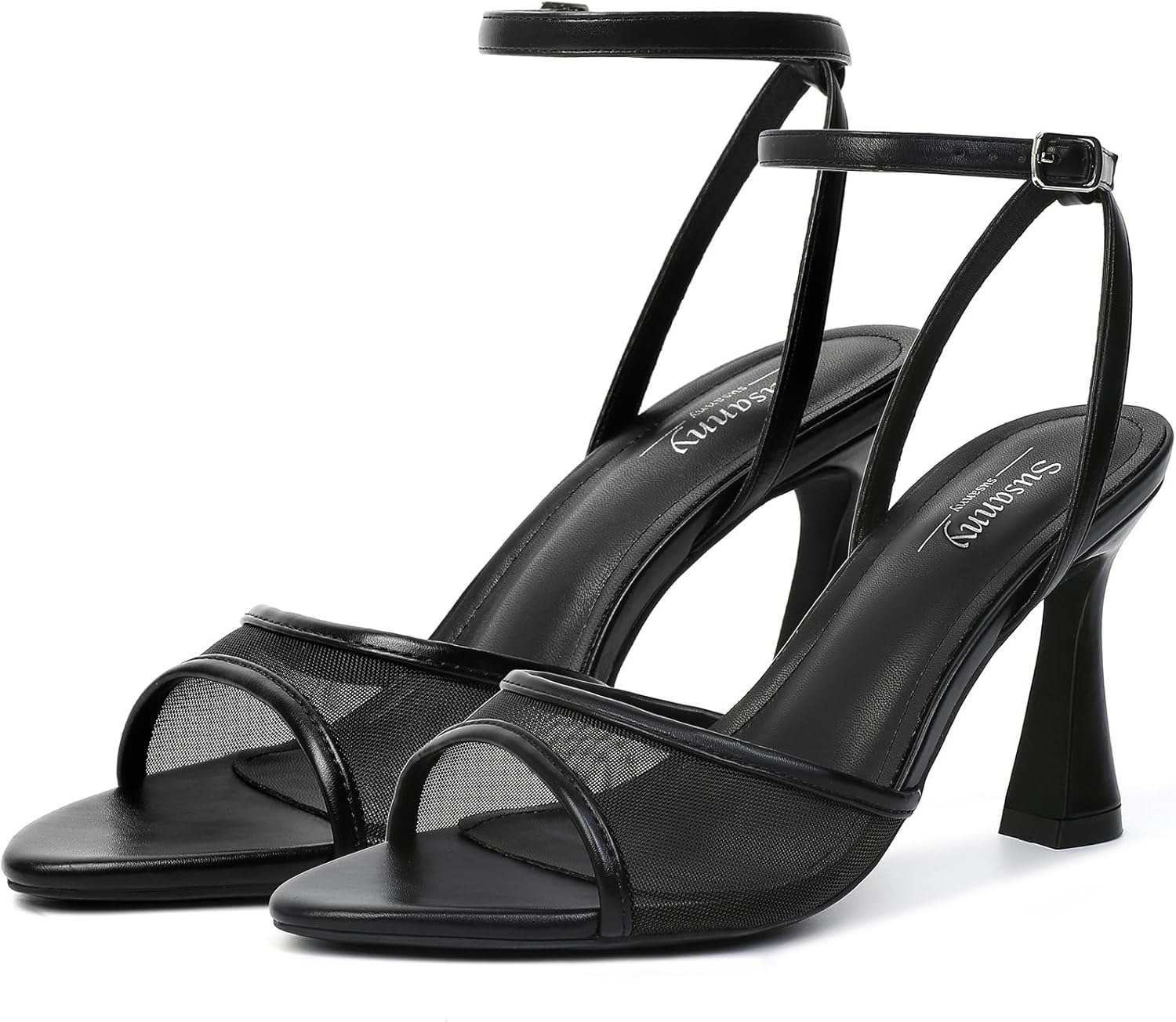 susanny high heels for women pointed open toe strappy chunky block heels ankle strap stiletto kitten heeled sandals wedding bridal party prom sexy dress shoes 7 black mesh