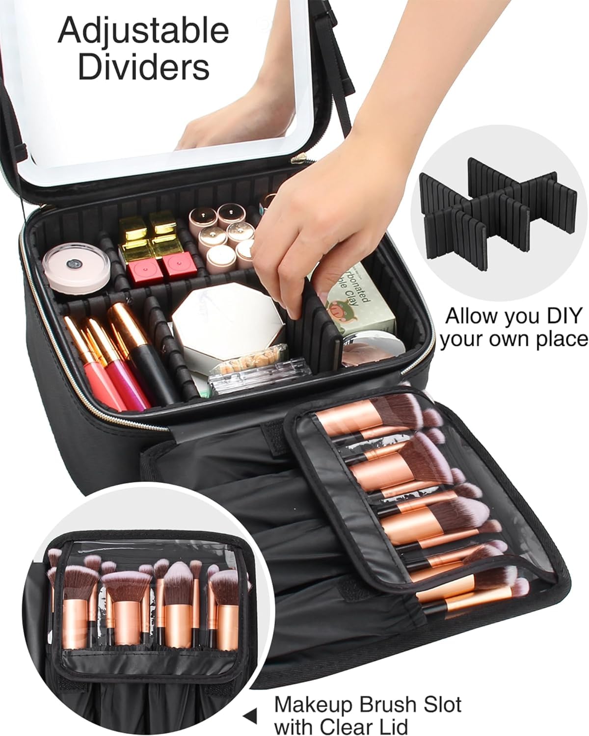 AADCART Makeup Travel Bag with LED Lighted Mirror Adjustable Brightness Portable Waterproof Makeup Case with Adjustable Dividers, Make up Train Case Organizer Makeup Brush Accessories 4