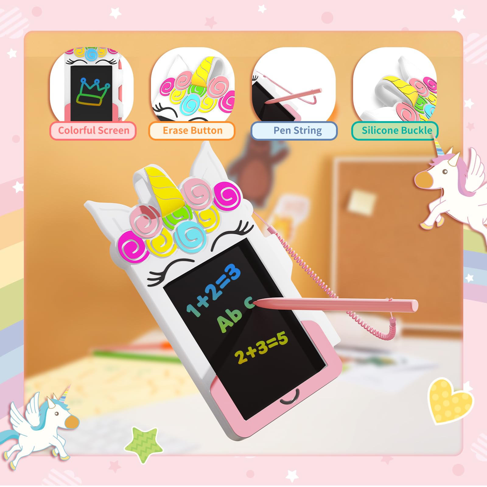 HOMESTEC Unicorn Kids Drawing Tablet 4.5 Inch LCD Writing Board Children Toys for 2 3 4 5 6 Years Old Boys Girls Backpack Decor Unicorn Pendant Gifts - Image 3