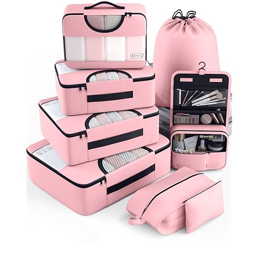 Veken 8 Set Packing Cubes for Travel Essentials, Pink Suitcase Organizer Bags in 4 Sizes, Carry-On Luggage Accessories with Large Laundry & Hanging Toiletry Bag, Must-Have for Airplane, Road Trip