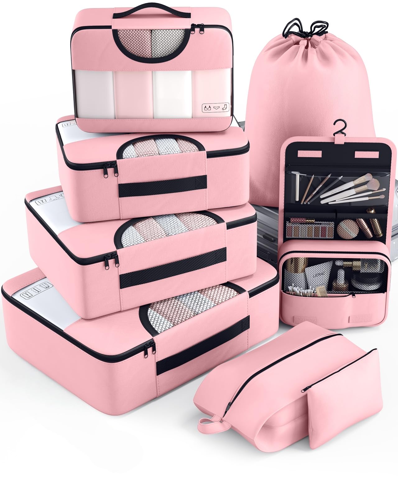 Veken 8 Set Packing Cubes for Travel Essentials, Pink Suitcase Organizer Bags in 4 Sizes, Carry-On Luggage Accessories with Large Laundry & Hanging Toiletry Bag, Must-Have for Airplane, Road Trip