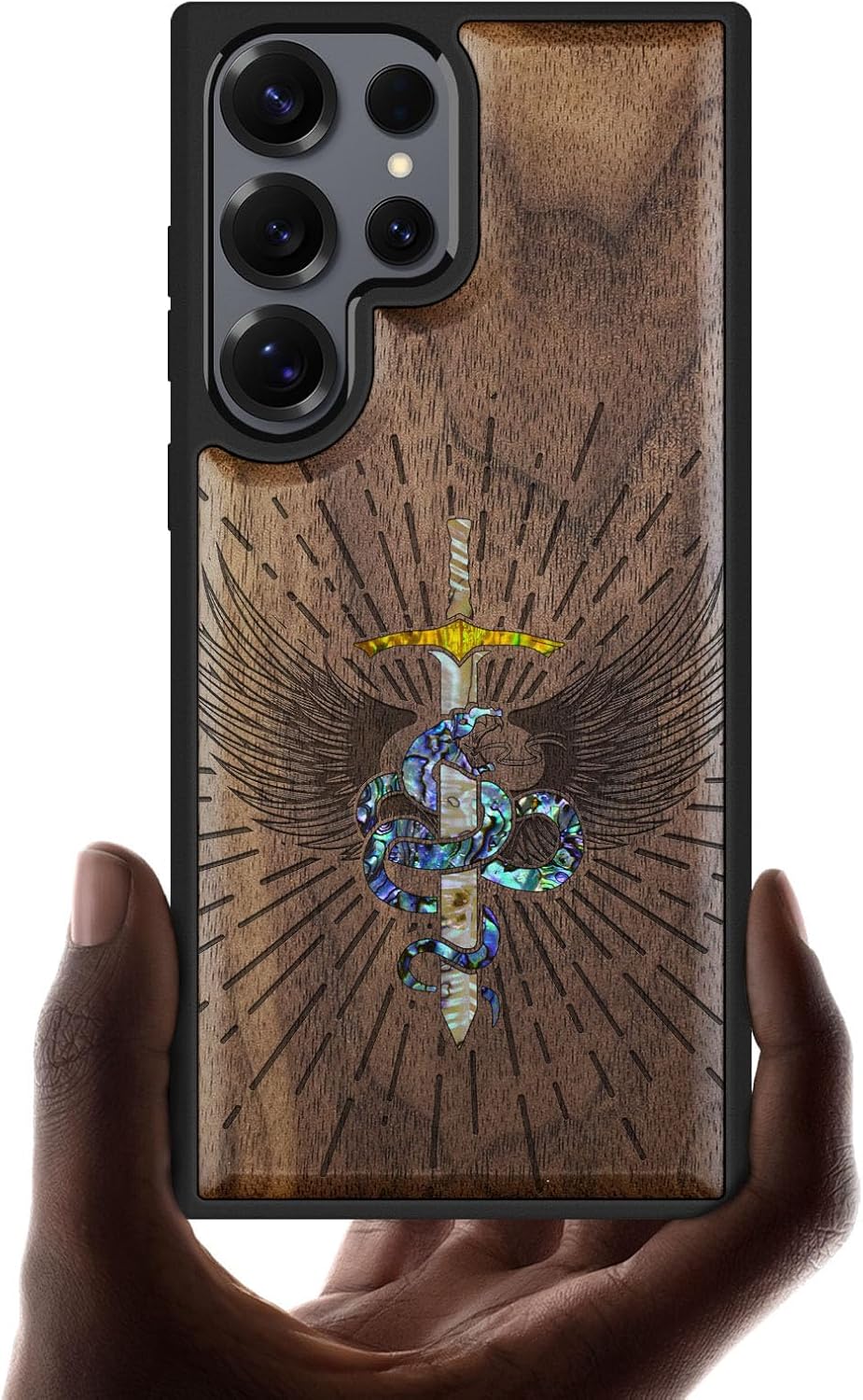 Carveit Magnetic Wooden Case for Samsung Galaxy S25 Ultra Case, Wood Artisan Engraved & Handmade Shell Inlaid, Compatible with MagSafe Wireless Chargers (Serpent Winged Sword) Walnut