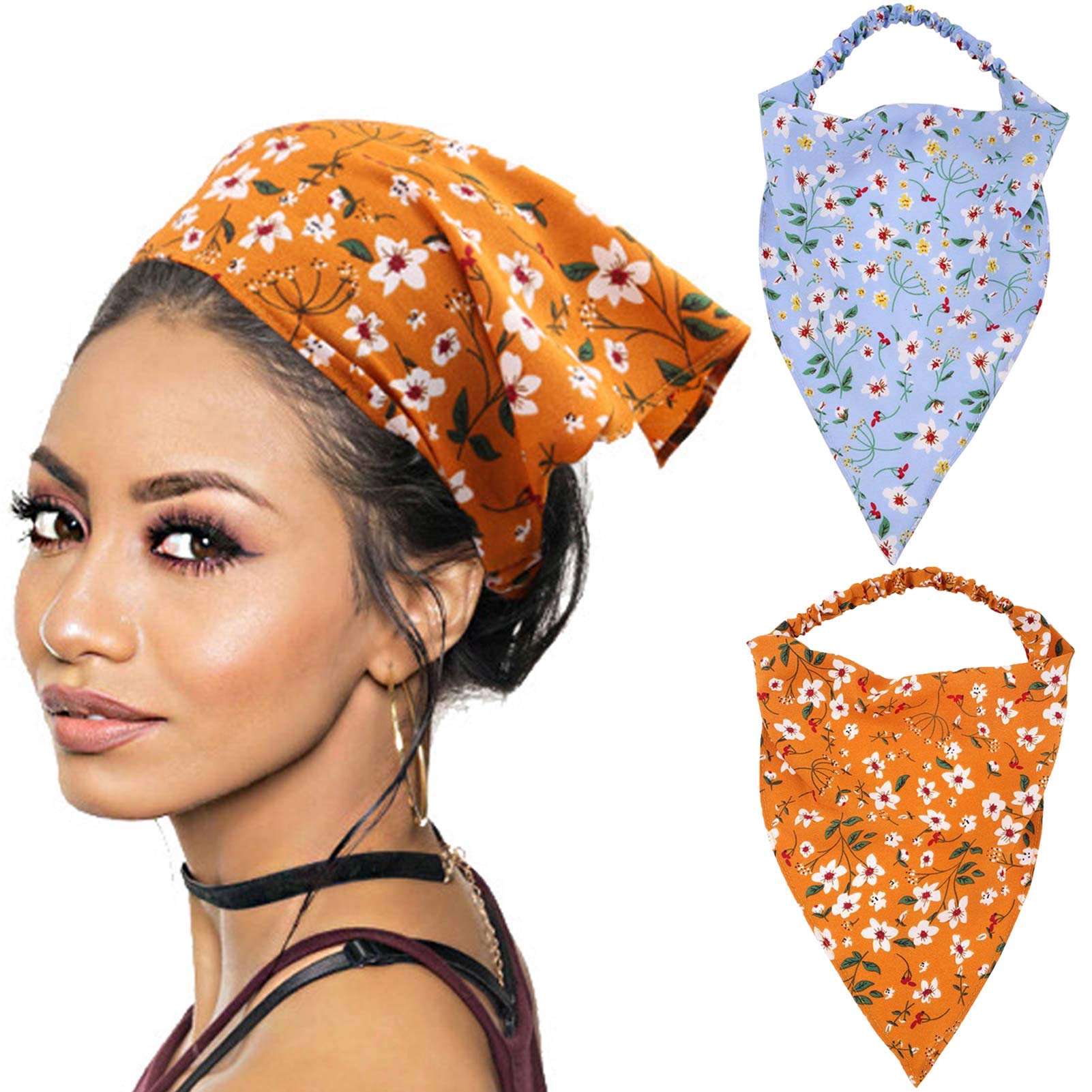 AODEZI Floral Elastic Hair Scarf Headband Chiffon Head Kerchief Triangle Hair Scarves with Hair Clips Headwrap Head Scarf Hair Turban for Women Girls (Floral/2Pcs)