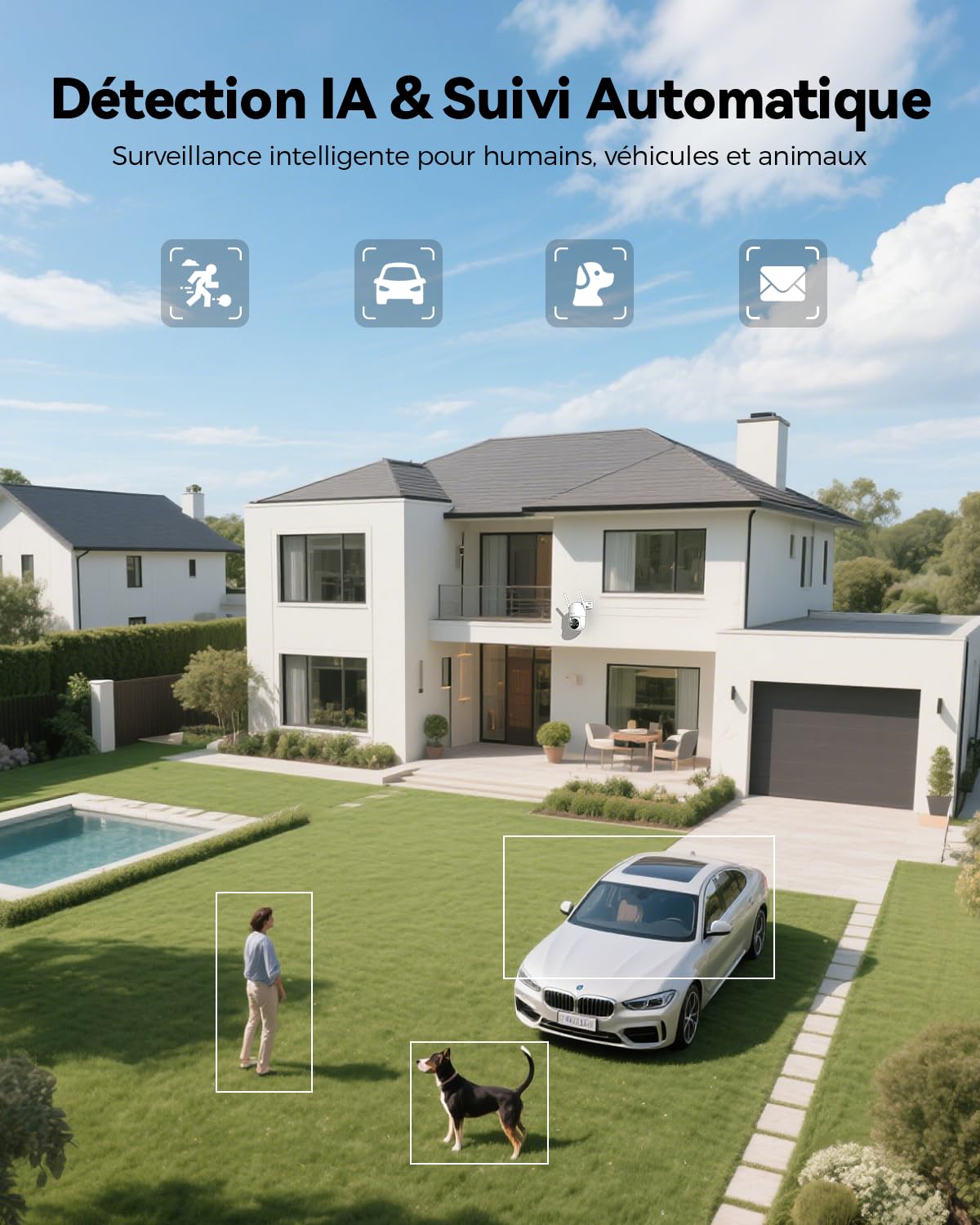 Ctronics 5MP Caméra de Surveillance WiFi Extérieure, IP Caméra WiFi 5GHz/2.4GHz, Détection Humain/Véhicule/Animaux avec Suivi Auto, Vision Nocturne Couleur 30m, Audio Bidirectionnel, PC/TF/Cloud/IP66