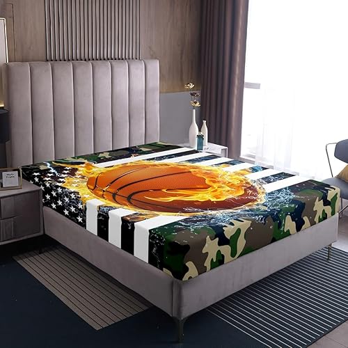Miniatura 3 de Erosebridal Sábana bajera ajustable de baloncesto, juego de ropa de cama de camuflaje individual para niños y adolescentes, sábanas de bandera