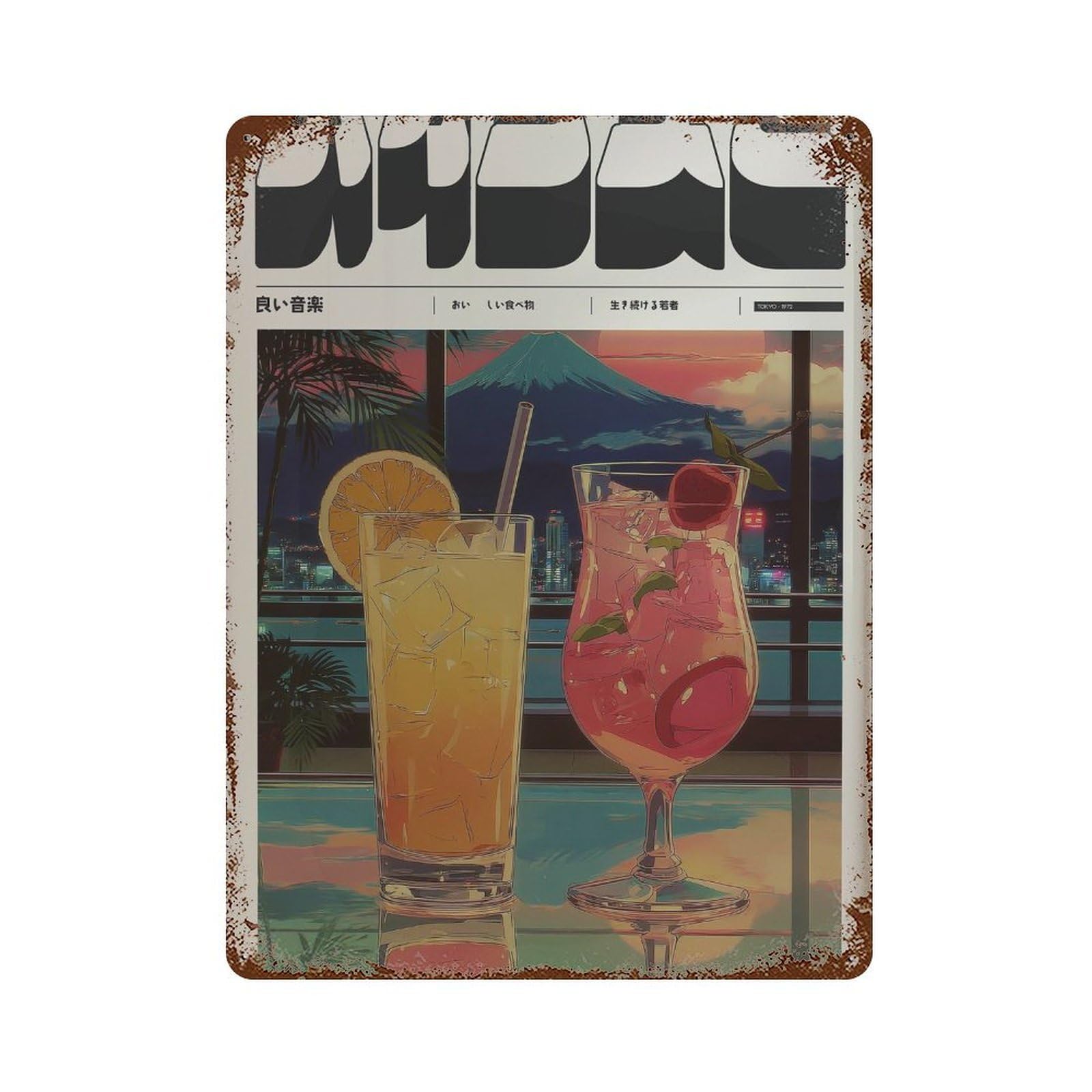 xiaoxiaoshen Cocktails With Sunset And Mount Fuji. Y2k Indie Wall Decor Art Metal Tin Poster Modern Home Decor Art Home Bar Shop Decorations Vintage Sign 40x30cm