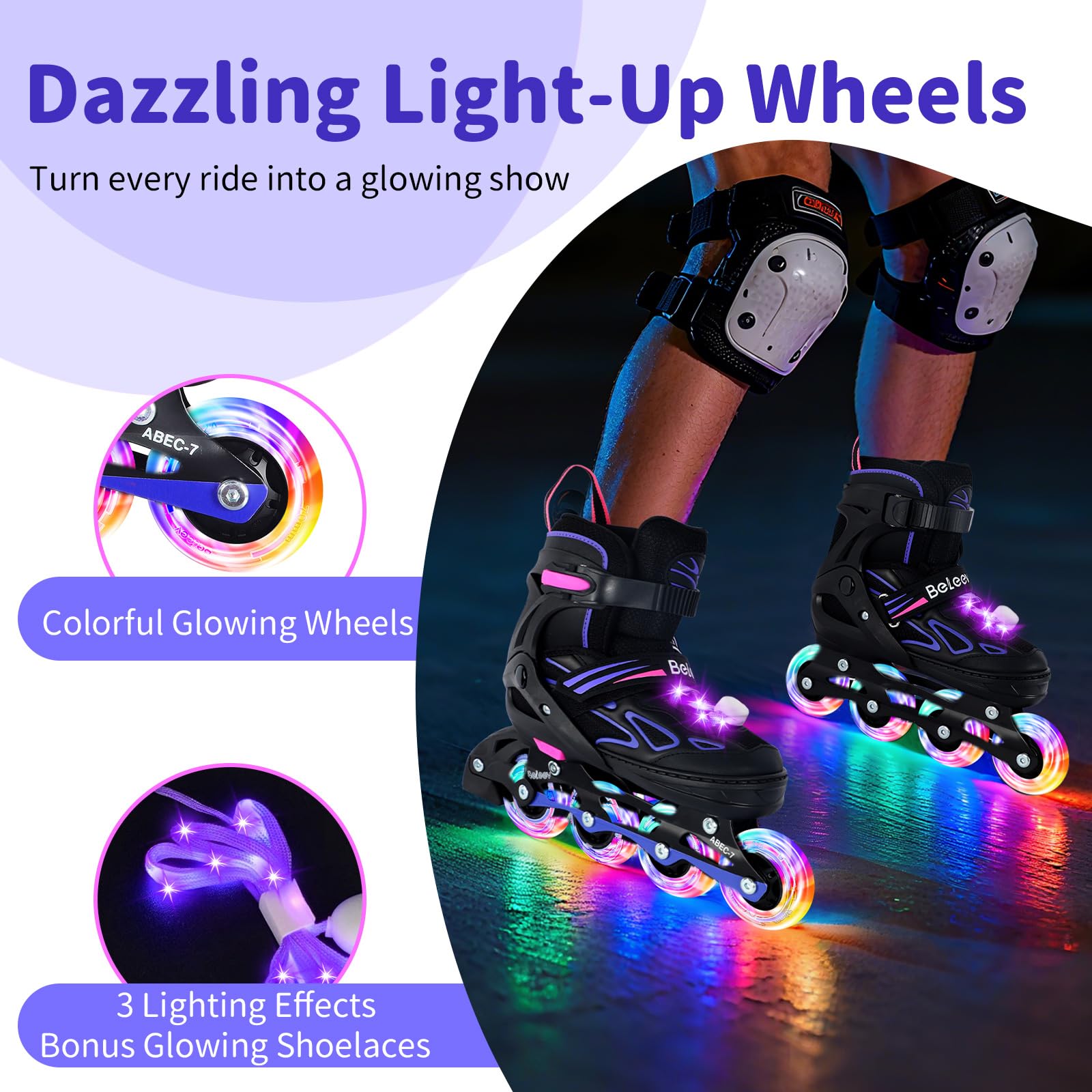 BELEEV Patines en Línea para Niños con Cordones y Ruedas Luminosas LED, Austables Patines Ideal para Niña Niño Principiantes Hombres Mujeres, Interiore Exteriores, Regalos cumpleaños Navidad - 3