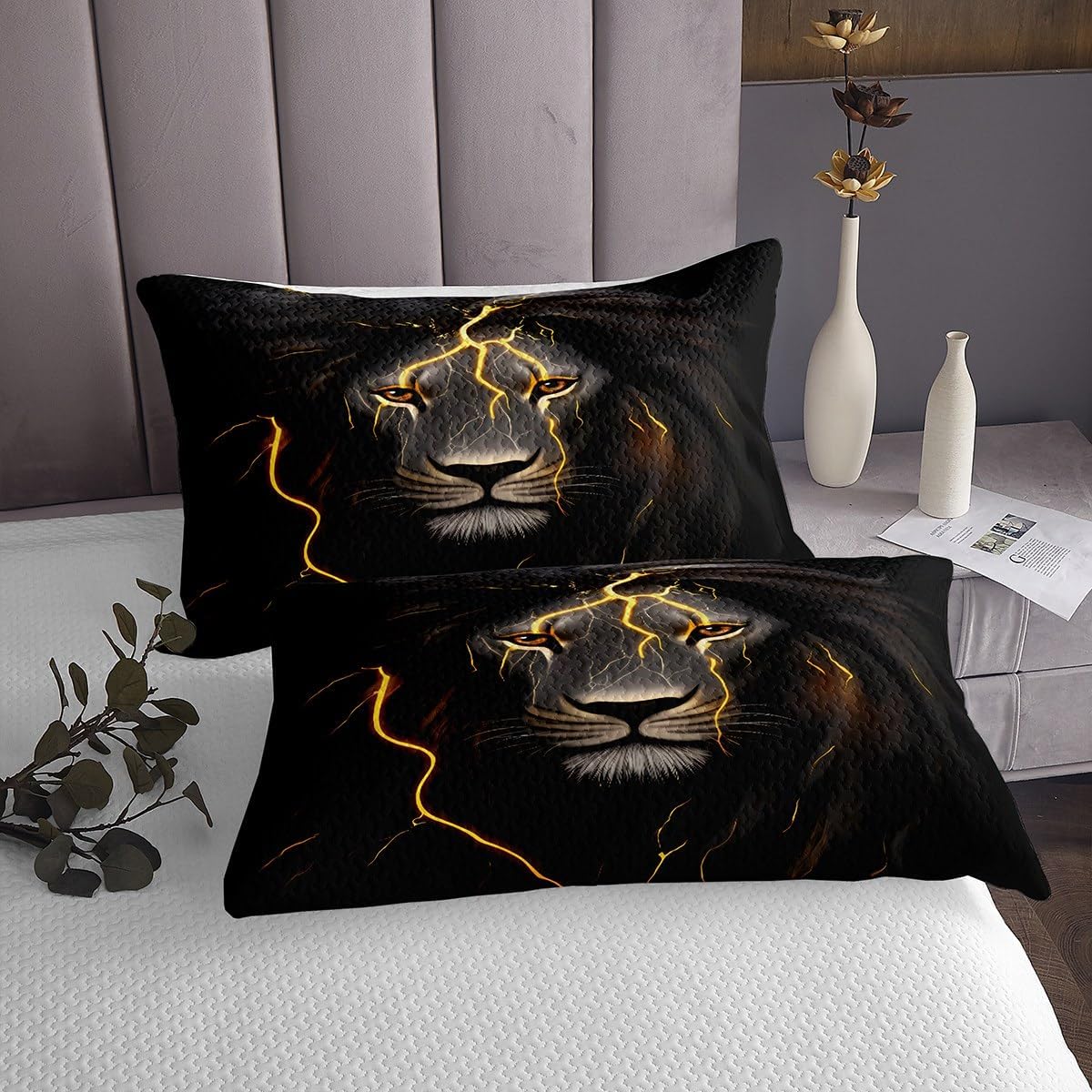 Erosebridal Lion Bedspread King Size Gold Lightning Quilted Black Lion Head Pattern Coverlet Set for Boys Teens Adults Men Bedroom Afric Wild Animal Soft Luxury Bedspread Quilt Set 2 Pillowcases