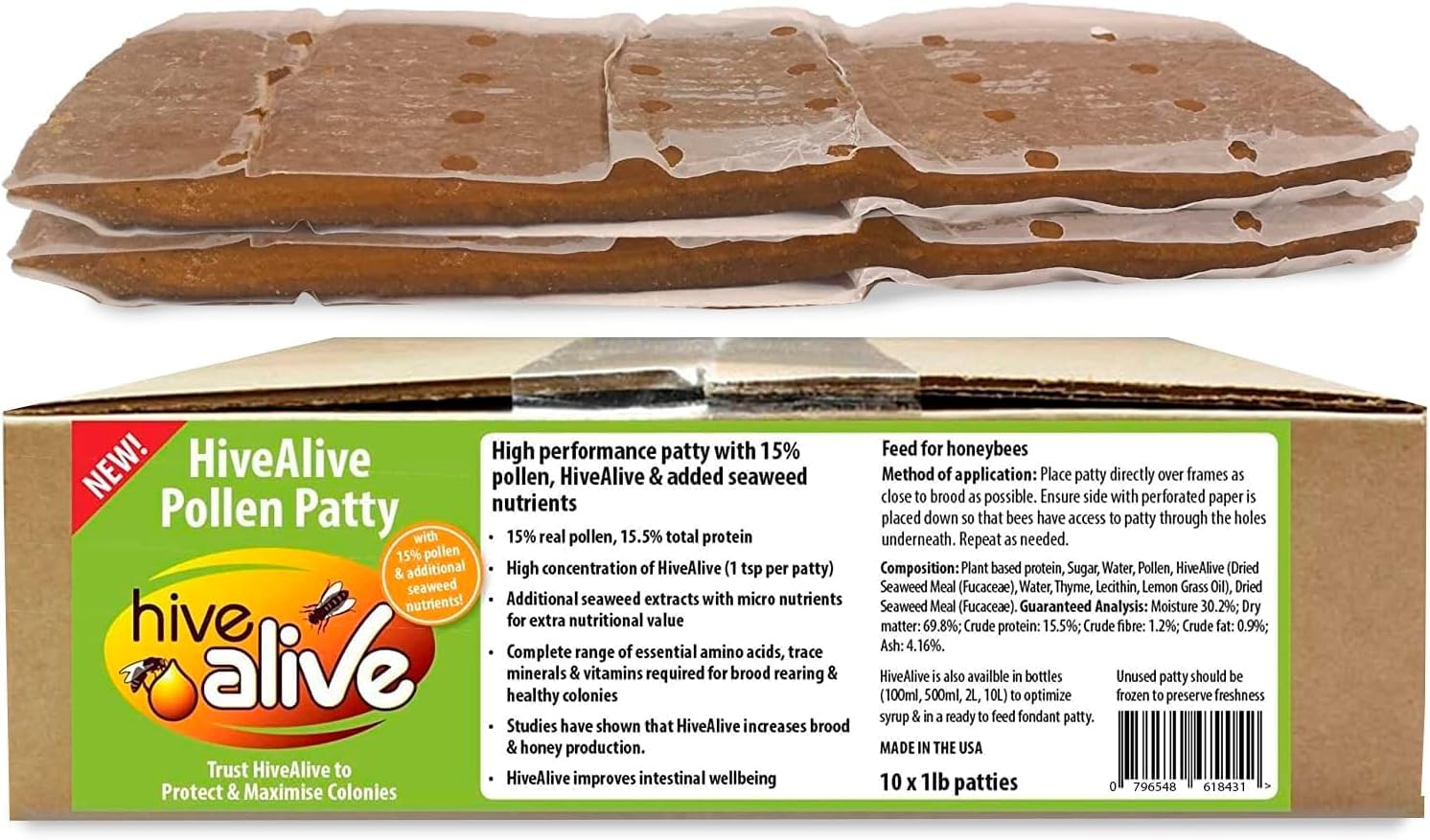 Pollen Patties for Honey Bees - 2lb (2x1lb) Bee Food with 15% Real USA Pollen, Full Dose of Hive Alive Concentrate, Seaweed Micronutrients, and Amino Acids to Improve Colony Health, Brood