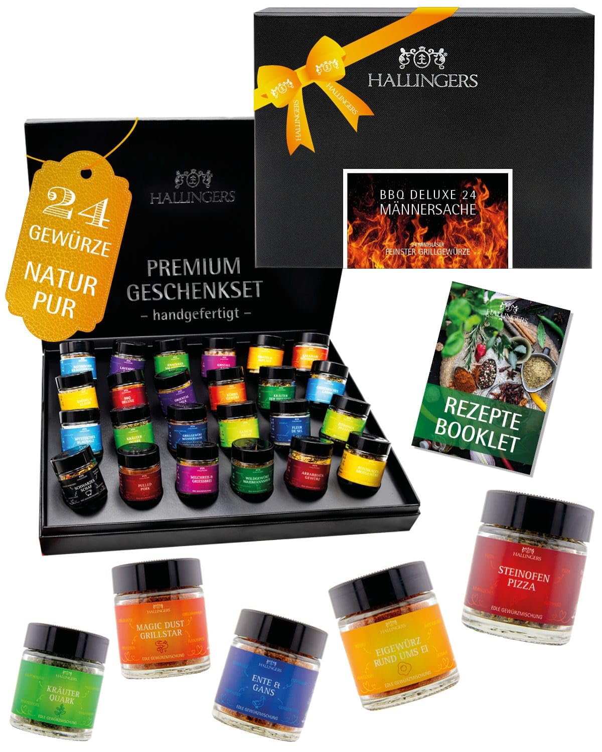 Hallingers Genuss Manufaktur Gewürz Geschenk-Set - 24 Gewürze aus aller Welt in wertiger Geschenkbox mit Rezept-Booklet "BBQ Deluxe 24 M...", Geschenkidee für Männer Freund