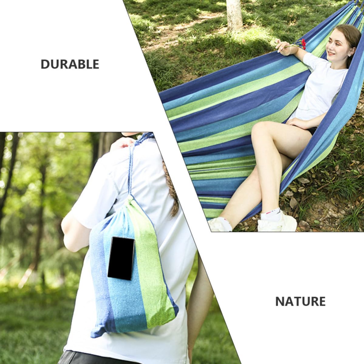 Hamaca Doble para Acampar, Hamaca Portátil de Lona Azul, Correas y Hebillas, para Exterior y Senderismo, Fácil de Instalar, Mujeres