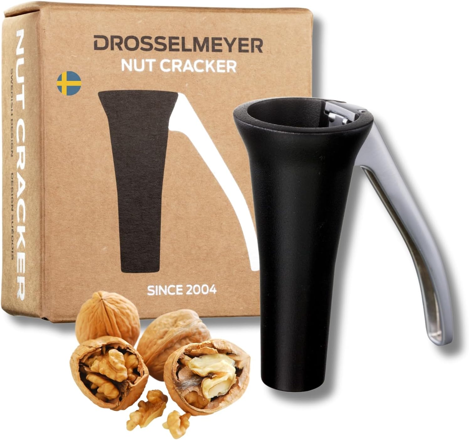 Drosselmeyer Nutcracker - Heavy Duty Swedish Nut Cracker for Walnuts, Pecans, Brazil Nuts & All Nuts - Ergonomic Metal Walnut Cracker Tool, No Mess, Dishwasher Safe - Award-Winning Design (Black)