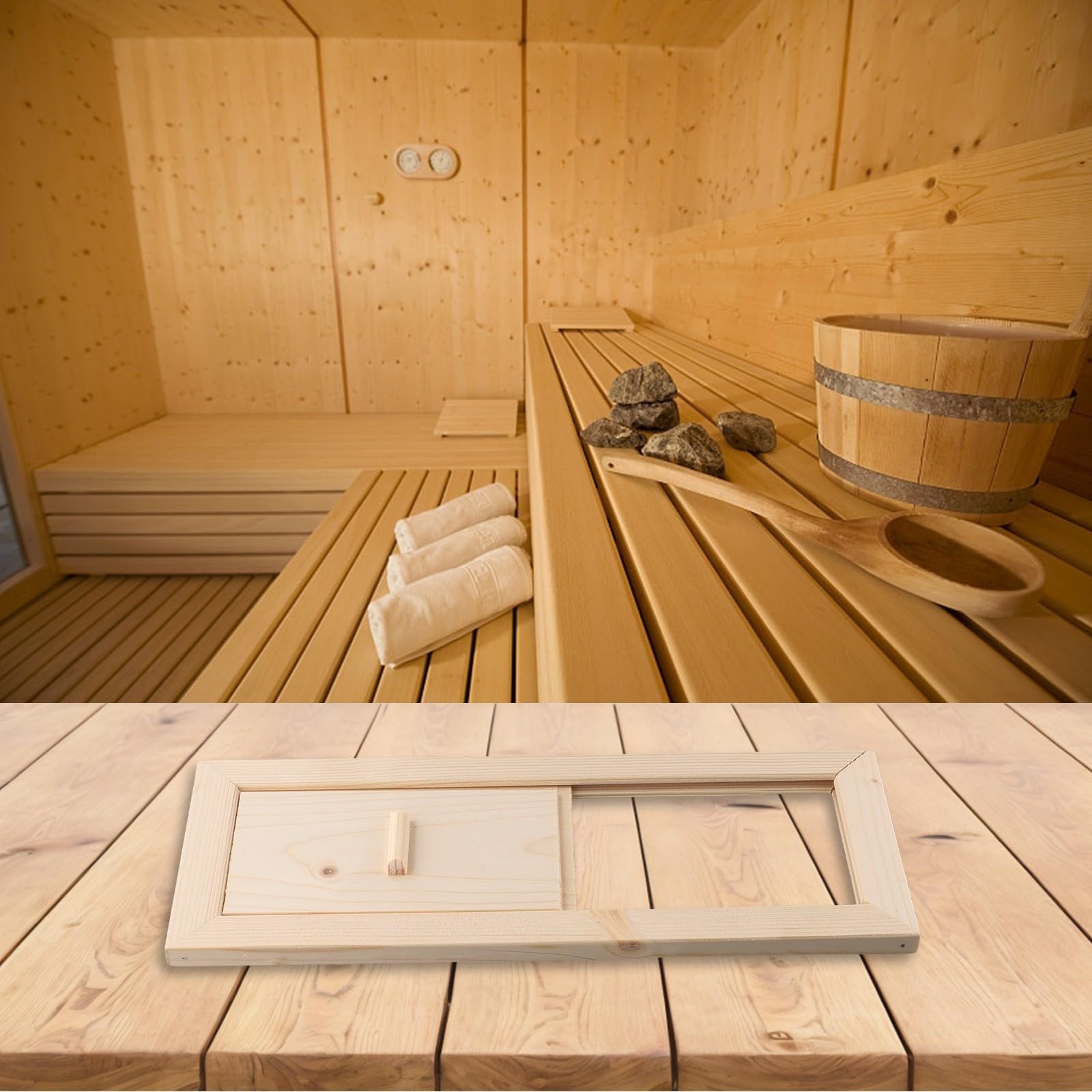 Trappe d'aération en bois pour sauna avec commande coulissante pour bain à vapeur et salle de sauna, ventilation d'évacuation réglable pour une circulation optimale de l'air, construction robuste pour