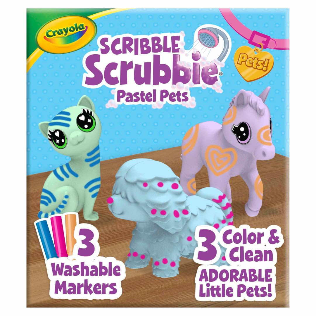 Scribble Scrubbie Pastel Pets (3ct), Grooming Animal Toy for Kids, Washable Animal Figurine, Kids Gift, Toys for Girls & Boys, 3+