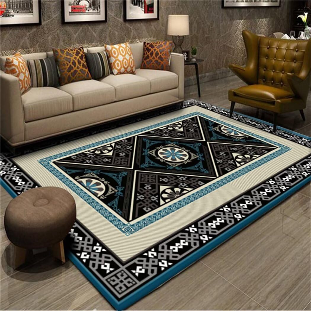 Tapis de salon géométrique bleu pour créer un coin lecture chaleureux