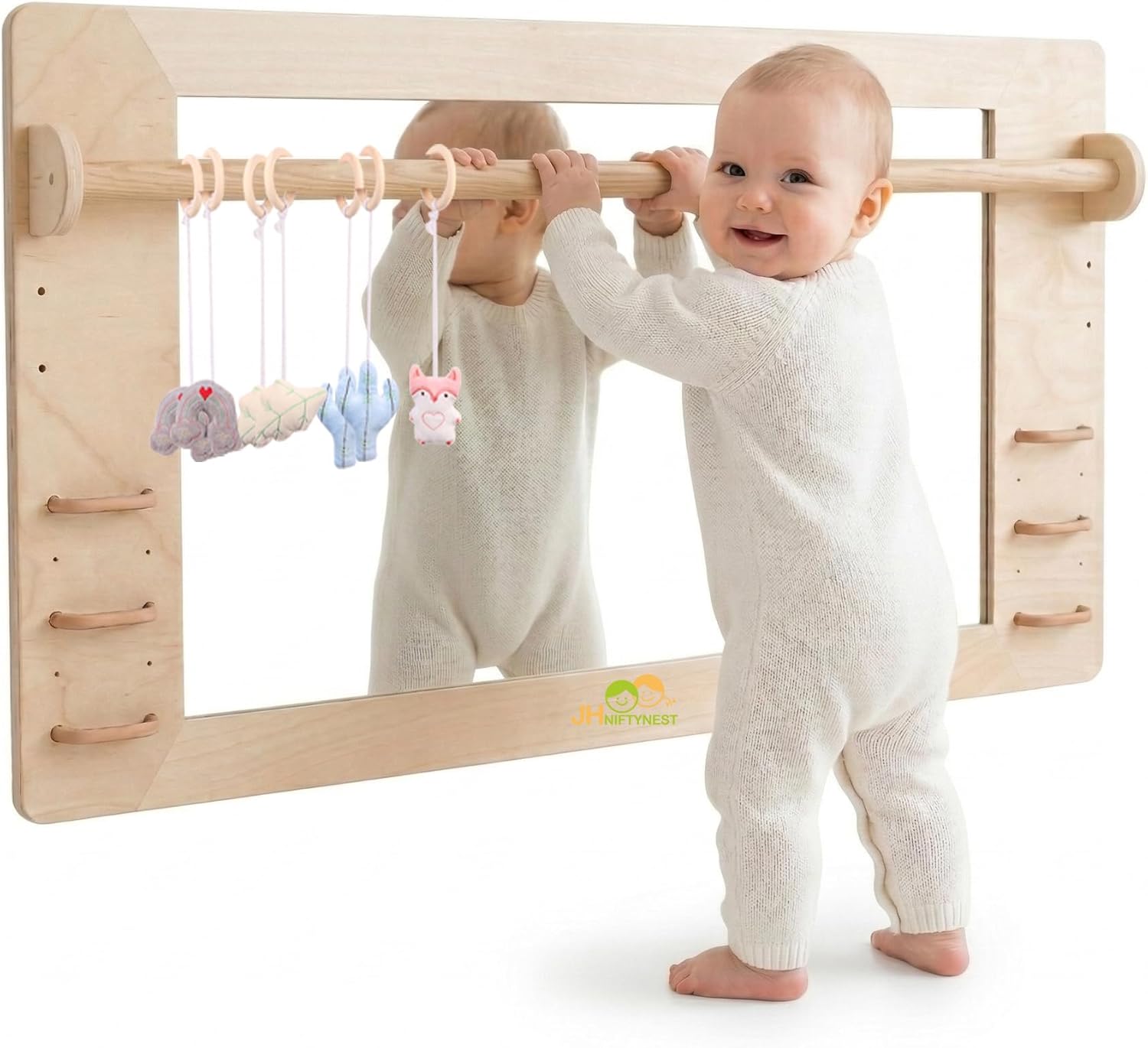 Coordination Montessori Toddler Mirror with Handle Wooden Shatterproof Acrylic Non Glass Safety Early Learning to Walk Standing Mirror for Babies Nursery Playroom Wall Mounted 47.24"