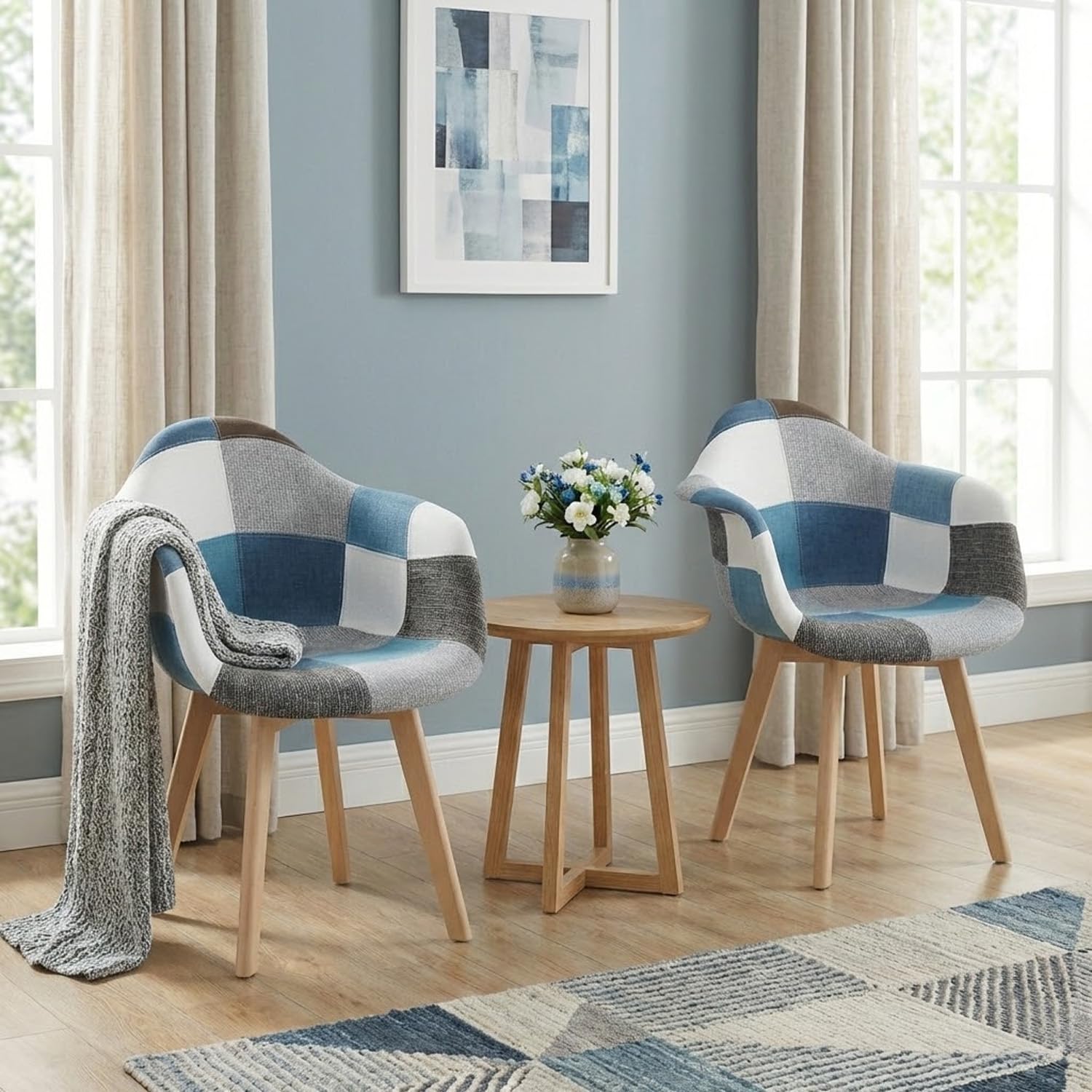 BUYBUY Poltroncina Serie Picasso in PP con Seduta in Spugna Ricoperta in Stoffa Stile Patchwork, Piedi in Faggio e Metallo, Colori Freddi