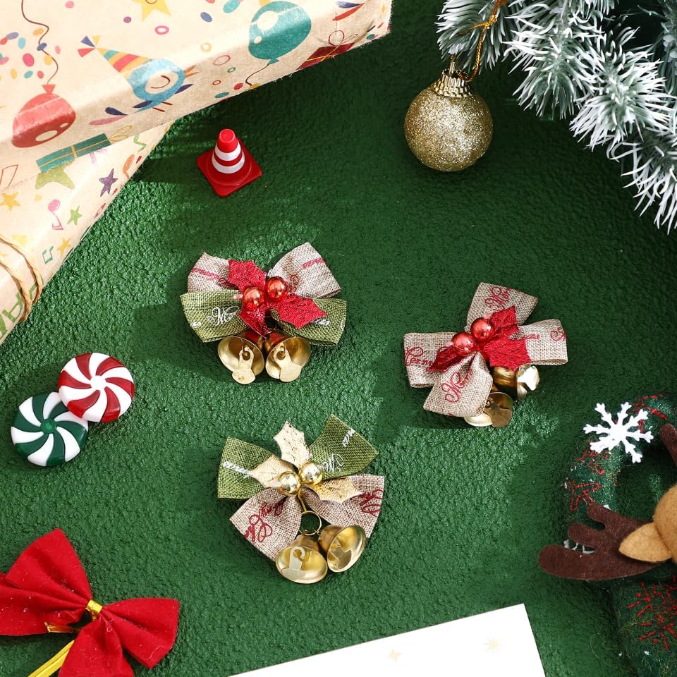 Garneck 20pcs Christmas Bows with Bells Xmas Garland Wreath Bows Ornaments Mini Bow for Christmas Tree Decor Small Linen Bowknot for Crafts Holiday Wedding Party Presents Wrapping Supplies - Image 9