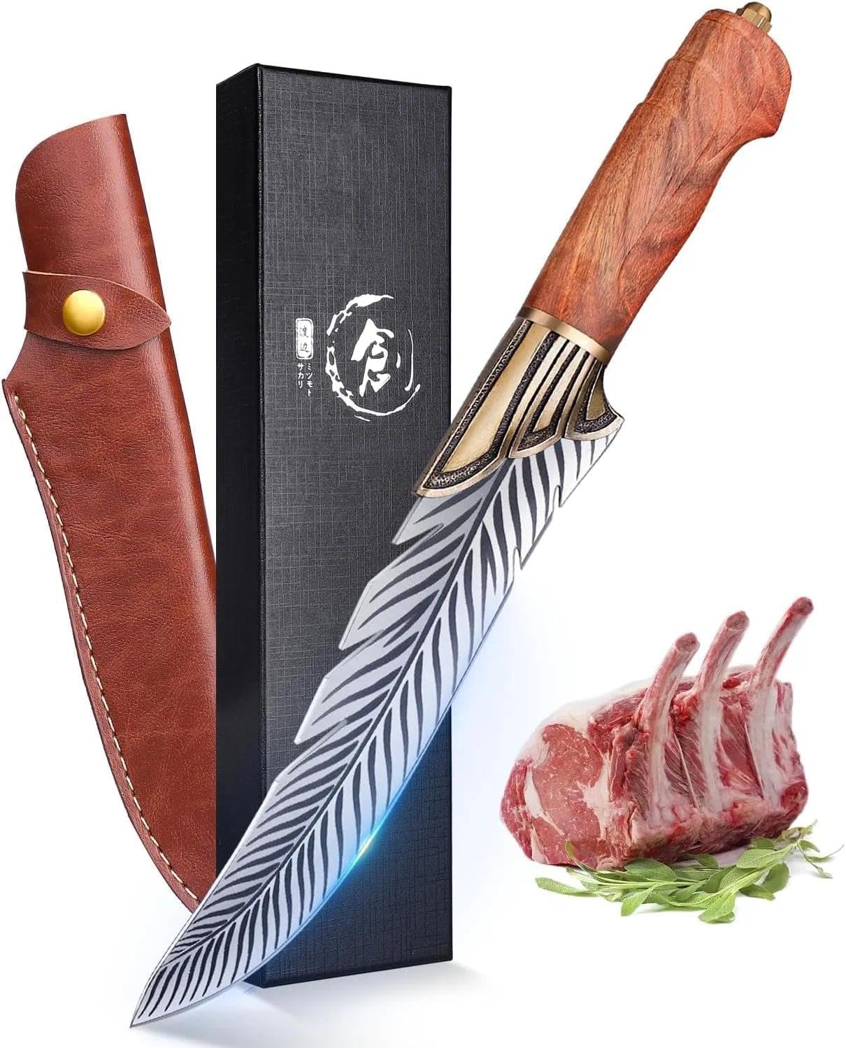 Dream Reach Feather Knife, 6.5" Hand - Forged High Carbon Steel Viking Boning Knife with Sheath, Ideal for Kitchen and Outdoor Activities, Christmas Gifts for Men Women