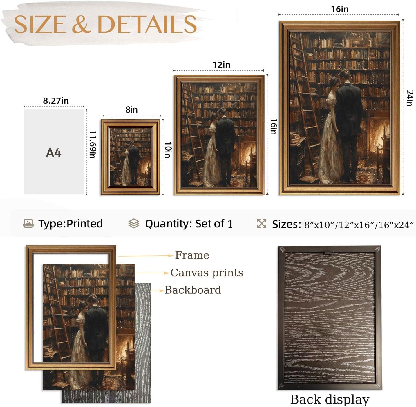 CHMMART Vintage Gold Framed Wall Art Dark Academia Couple Canvas Art Prints Victorian Cottagecore Pictures Wall Decor Moody Bookish Paintings Artwork for Living Room Bedroom 16x24in
