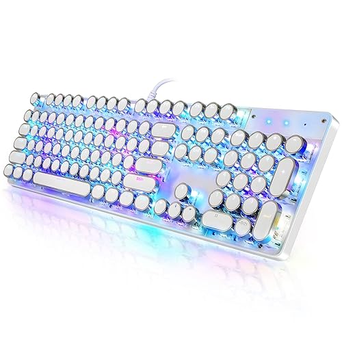 YSCP Typewriter Style Mechanical Gaming Keyboard RGB Backlit Wired with Blue Switch Retro Round Keycap 104 Keys Keyboard (White 104 Keys RGB) - White 104 Keys RGB