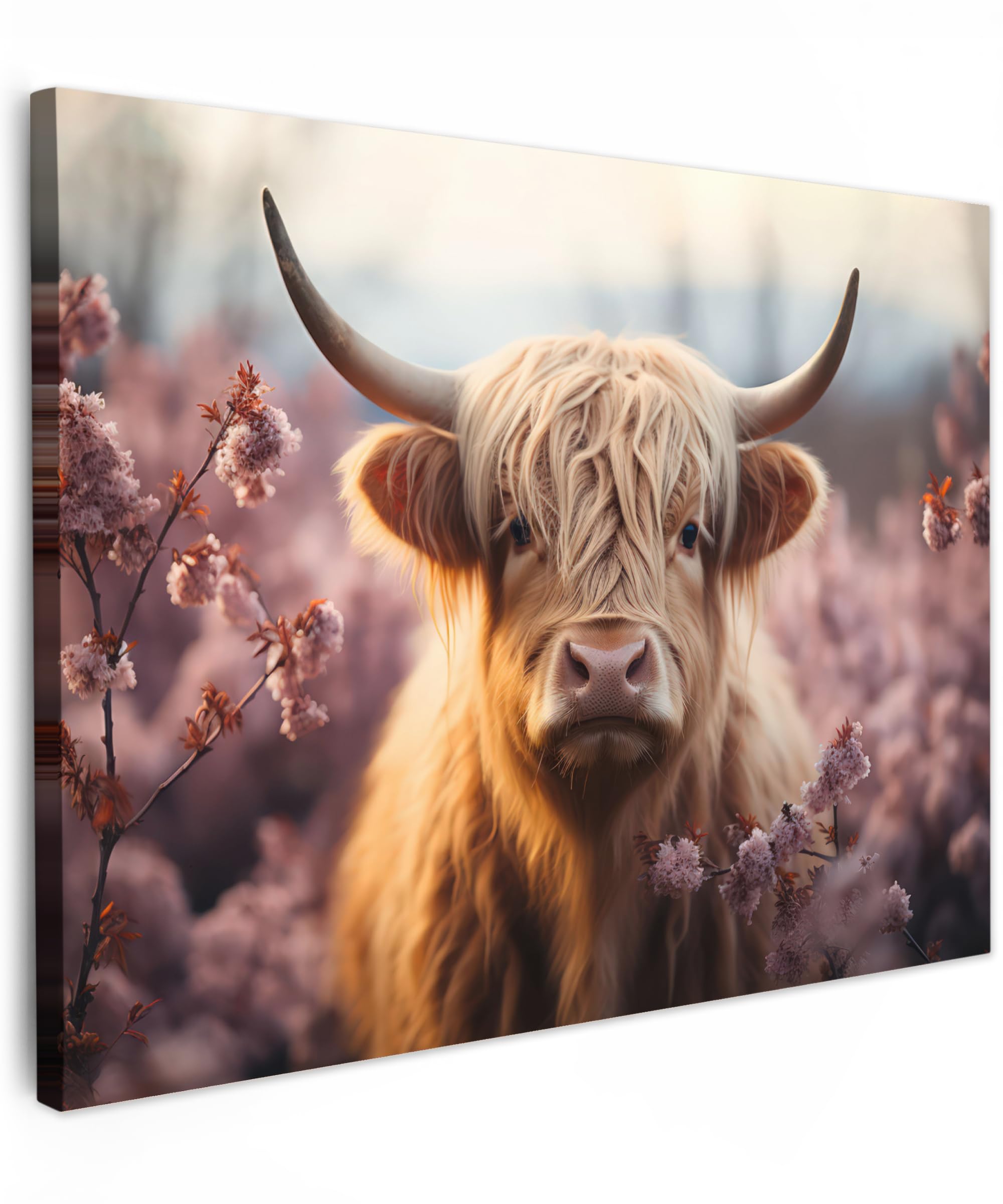 MuchoWow© Canvas Wall Art 16"x12" / 40x30 cm Decor Paintings Prints framed on Canvas Decorations Wallart Scottish Highlander - Cow - Coat - Horns - Brown - Pink - Flowers