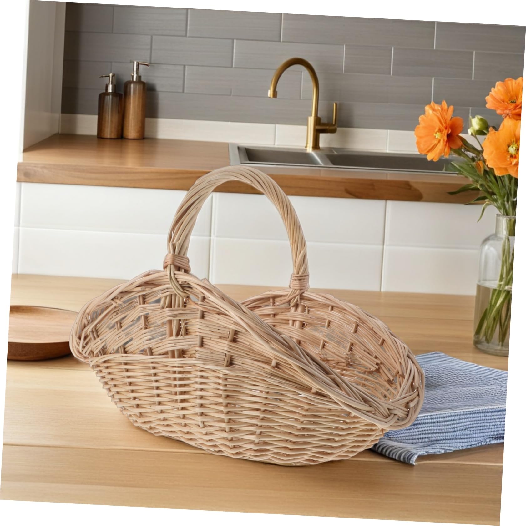 Cesta de Mimbre Natural con Asa Ventilada para Picnic Almacenamiento Flexible de Frutas Verduras y Huevos Diseño Artesanal Resistente para Cocina y Exteriores
