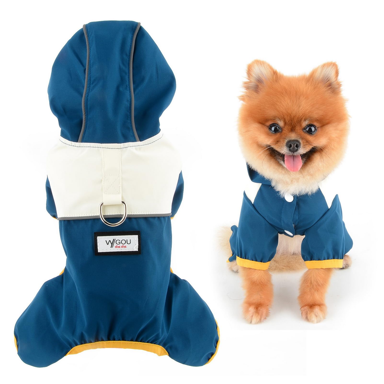 SMALLLEE_LUCKY_STORE Patchwork Waterproof Small Dog Jumpsuit Raincoat Four-Leg Rain Jacket with D-Ring Puppy Hooded Rain Poncho Reflective Lightweight Rainwear for Yorkie Chihuahua,Blue,L
