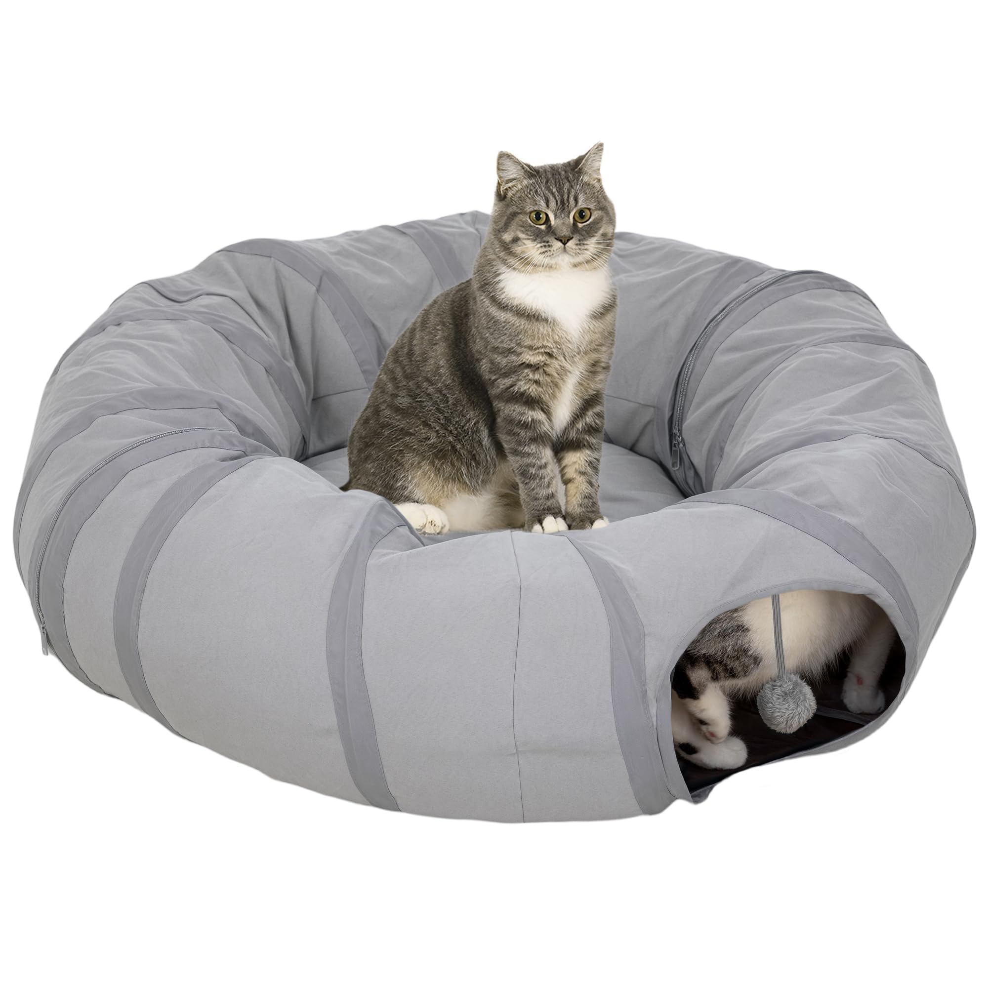 PawHut Cat Tunnel with Bed, Large Foldable 2 in 1 Cat Play Tunnel Donut Bed for Indoor with Ball & Peek Hole, Interactive Toys for Kitten, Puppy, Rabbits, Grey