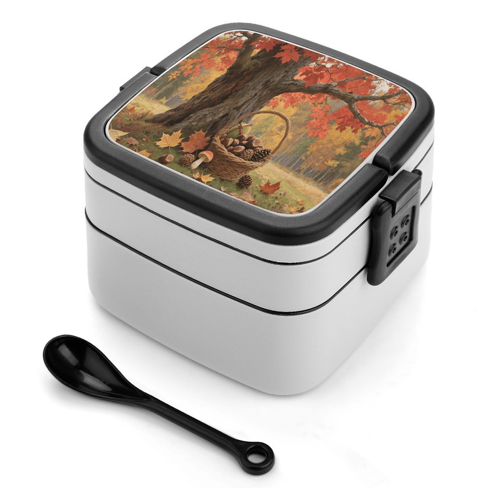 VstaDank Autumn Fall Harvest Maple Bento Box with Compartments Portable Lunch Containers with Spoon Leak Proof Bento Lunch Box Snap-On Design Double-Layer Insulated Lunch Boxes for Work Camping