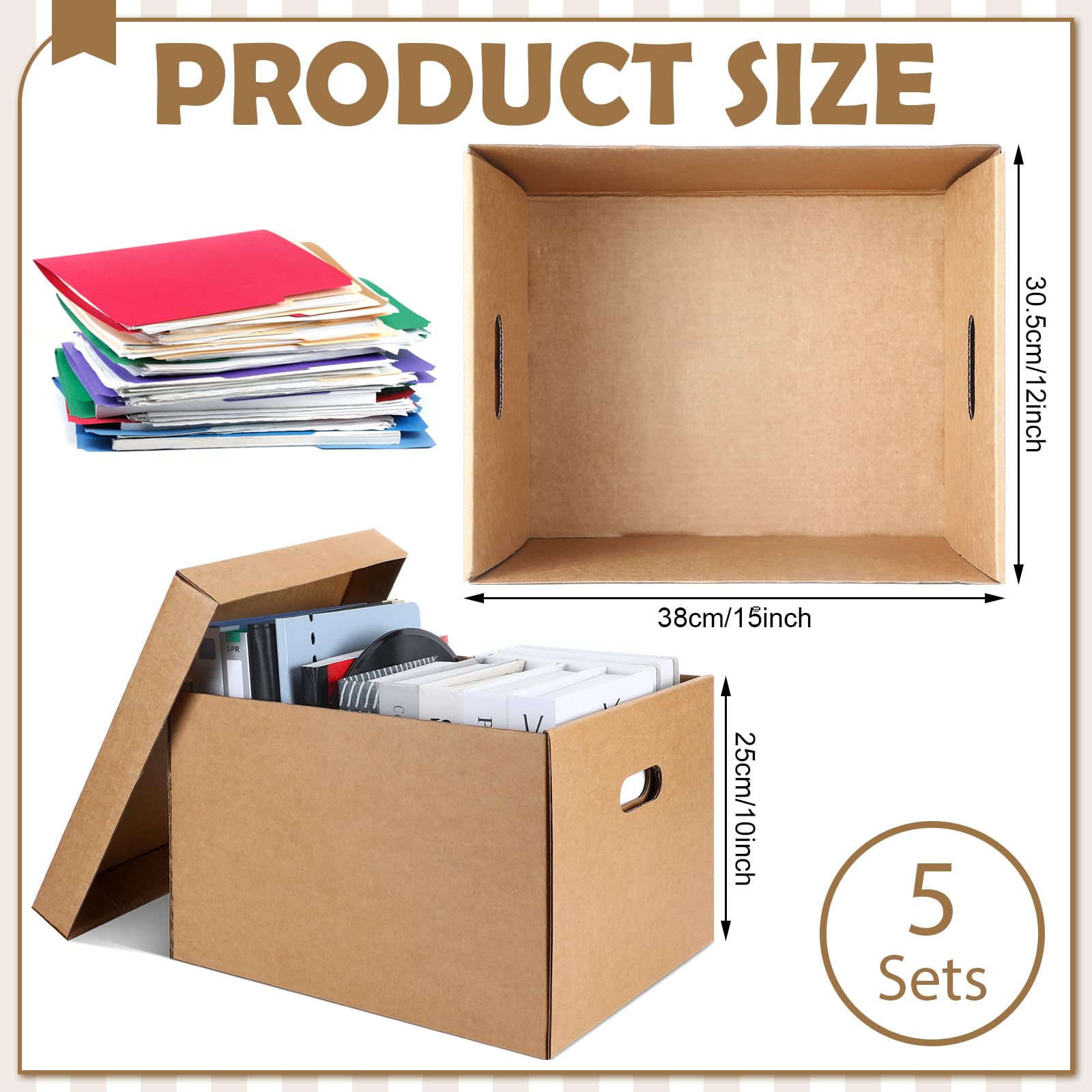 5 scatole per archiviazione senza acidi, 38 x 30 x 25 cm, senza acidi, cartone ondulato, per conservare documenti, riviste, foto, carte, stampe (Kraft)