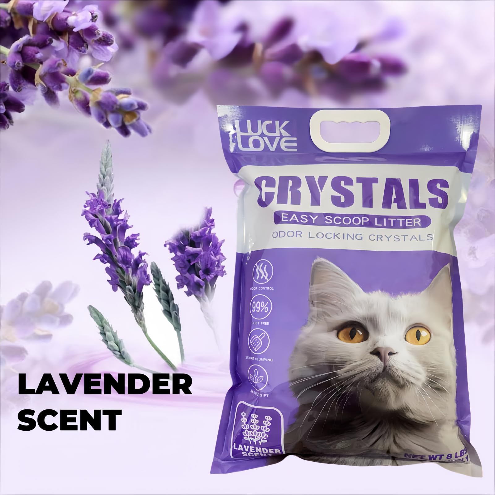 Arena cristalina para gatos, azul sin perfume/aroma a lavanda, 8 libras, 99.9% libre de polvo, no se apelmaza, control de olores, patas suaves, súper absorbente (lavanda)