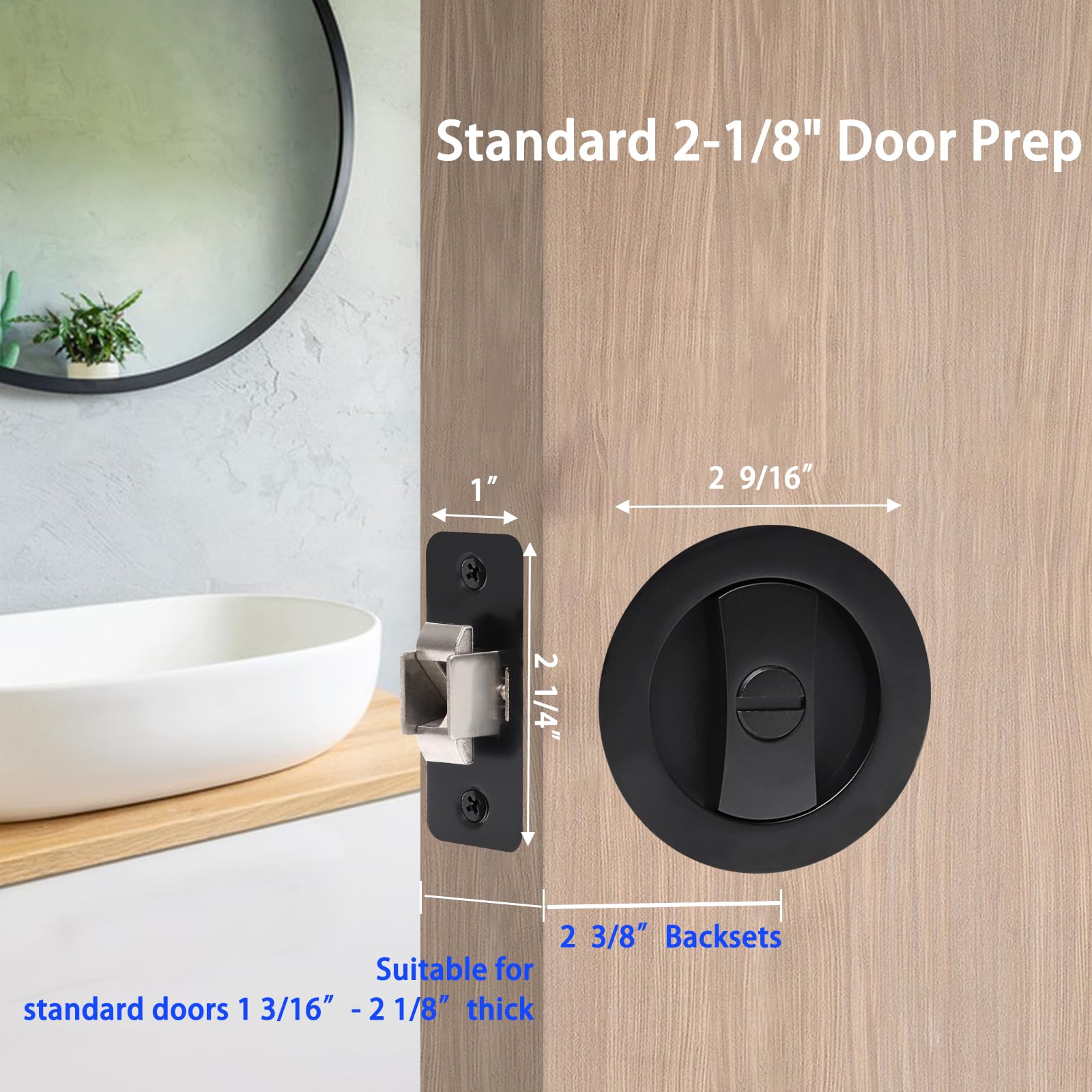 2-Pack Pocket Door Privacy Lock With Flush Handles - Matte Black, 2-3/8" Backset, Fits Doors 1 3/8" To 2 3/16" Thick