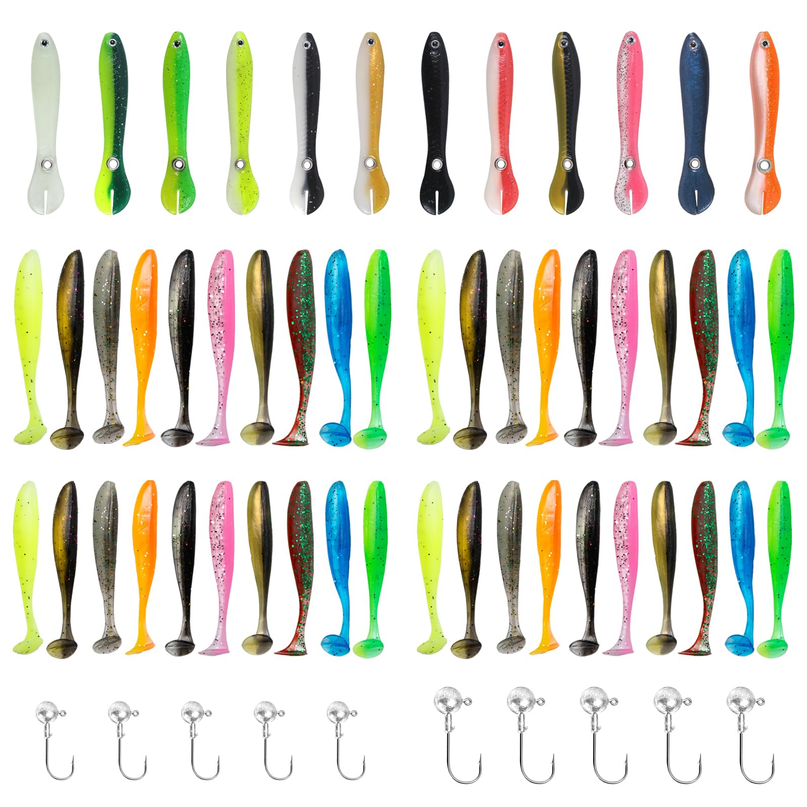 Zestaw 62 gumowych przynęt na okonie, sandacze i szczupaki, gumowe przynęty w rozmiarach 5,5 cm, 6,7 cm, 7 cm, łącznie z 10 haczykami, przynętami wędkarskimi do wędkowania słodkowodnego