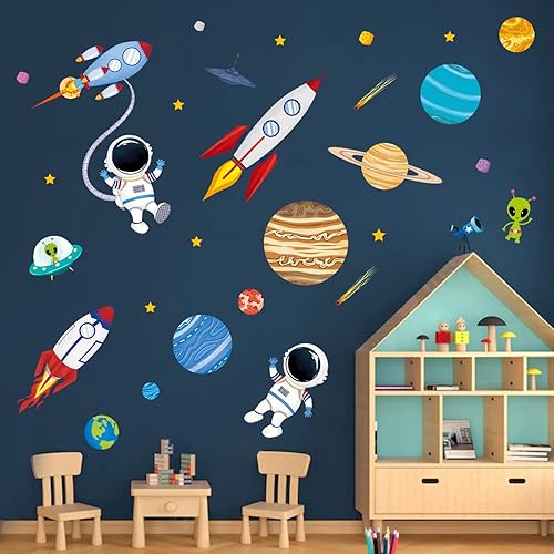 decalmile Calcomanías de pared para el espacio exterior, diseño de cohete, planetas, astronauta, decoración de pared para habitación de bebé,