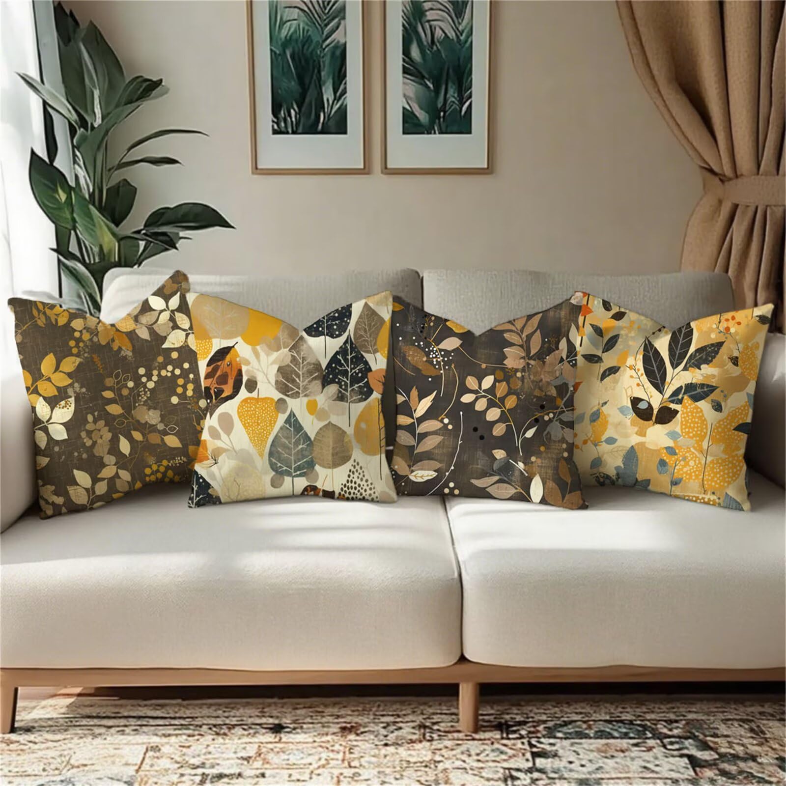 Funda Cojin 75x75 Juego de 4 Cojines Exterior otoño Cuadrada Fundas Cojines planta Terciopelo Funda de Almohada, Impermeable Almohada Sofa, para Sillas Sala de Estar Dormitorio Jardín Decoración s-341