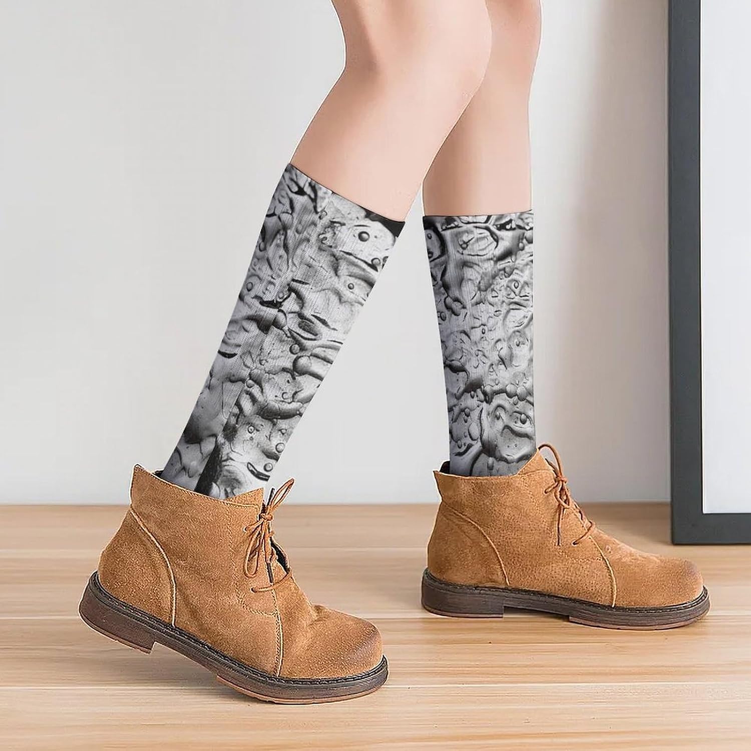 Breathable Crew Sock, Moisture Wicking, Athletic Calf Socks, Cozy | Silver Texture Compression Socks for Women Men, Lightweight High Work Socks for Business, Casual