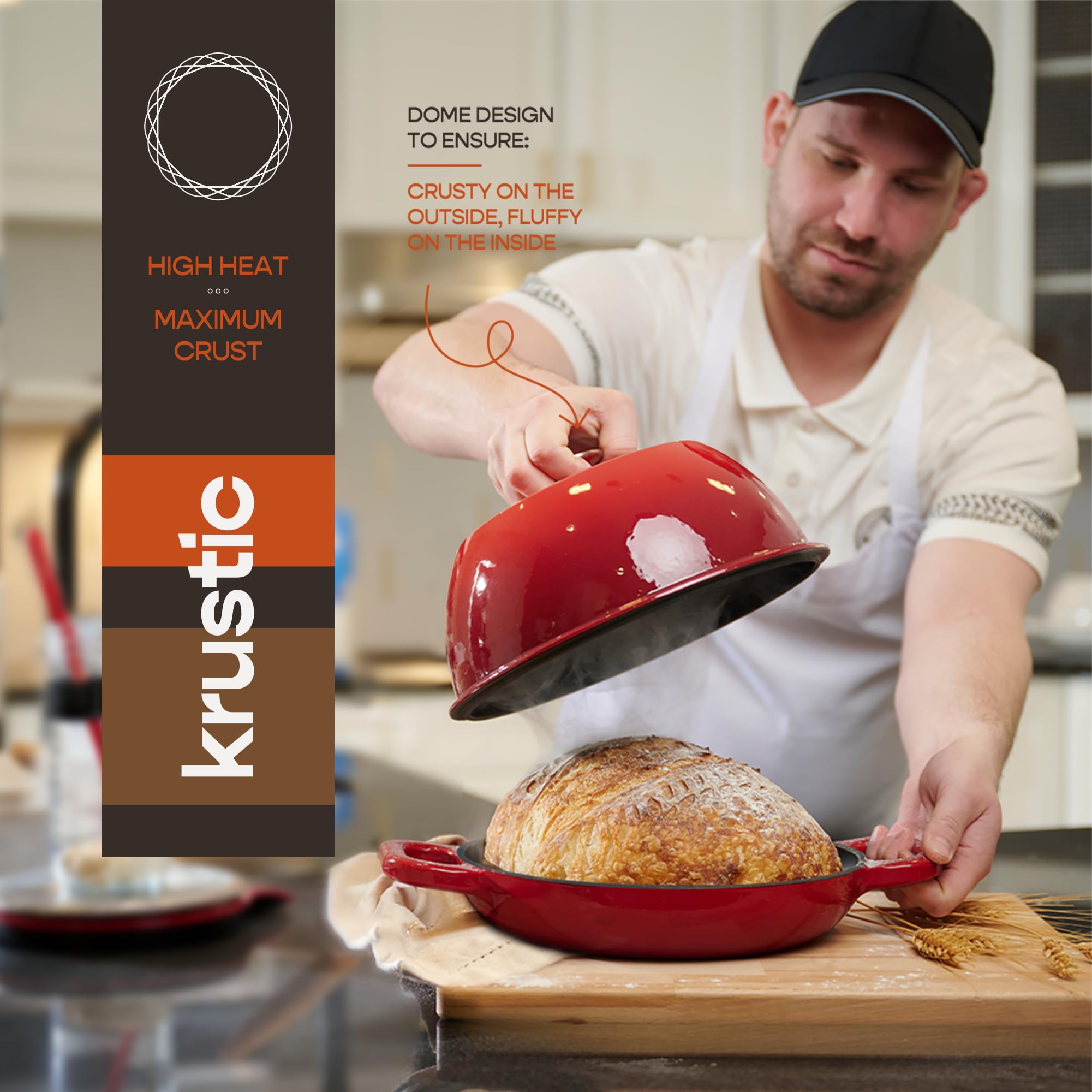 Krustic Emaliowany żeliwny piec holenderski do pieczenia chleba na zakwasie, garnek 6 l z pokrywką, zestaw naczyń ceramicznych o grubości 25 cm z nieprzywierającą silikonową matą do pieczenia do