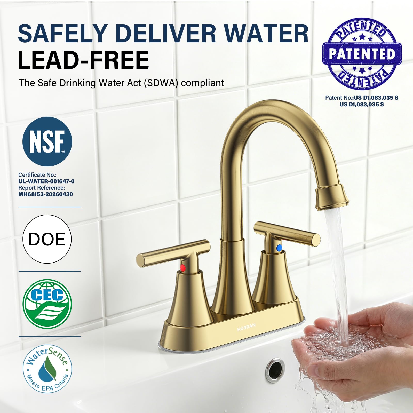 Hurran - Grifos de baño para fregadero de 3 agujeros, grifo de lavabo de baño dorado cepillado de 4 pulgadas con drenaje emergente y mangueras de suministro, grifo central de acero inoxidable sin