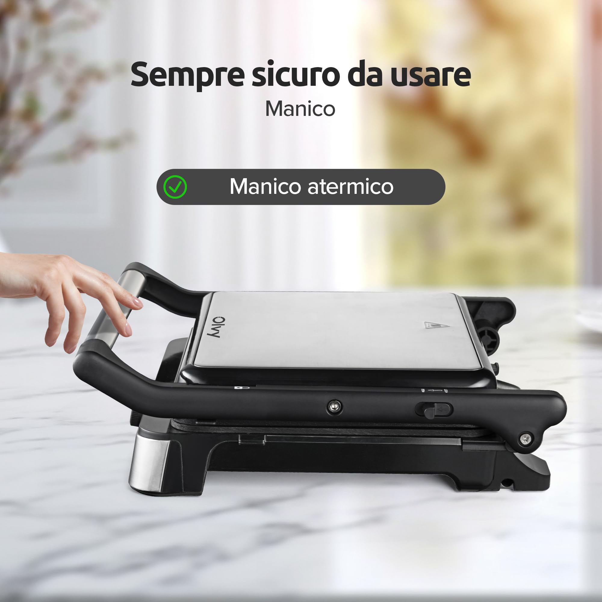 Olvy Grill digitale a contatto con piastre antiaderenti, macchina per panini 3 in 1, griglia aperta a 180°, temperatura regolabile, timer, ampia area di cottura, manico Cool-Touch, Argento