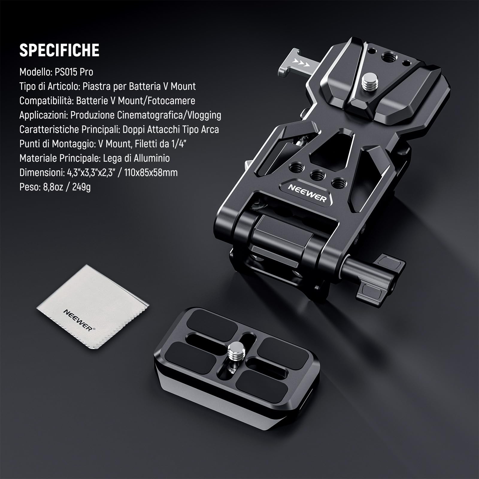 NEEWER PS015 PRO V Mount Battery Plate con Piastra a Sgancio Rapido Tipo Arca e Panno Pulizia, Adattatore V Lock Pieghevole per NEEWER PS099E Compatibile con DJI RS4 RS3 Gimbal Camera Cage Video Rig