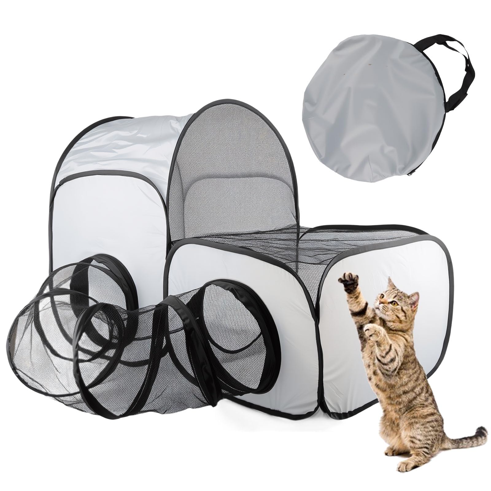 Faltbarer Katzenlaufstall mit Tunnel - Tragbares katzenzelt, katzenzelt und Katzen gehege Outdoor, katzengehege Indoor, Multifunktionaler Outdoor-Laufstall mit atmungsaktivem Netz (100 * 50 * 70 cm)
