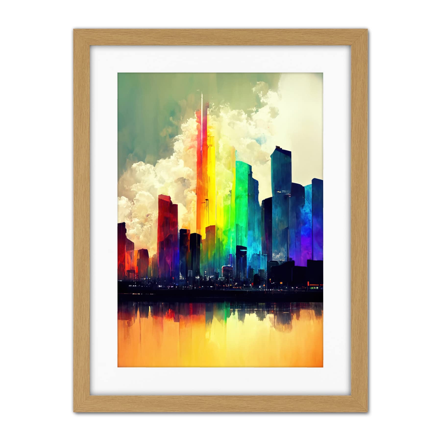 Doppelganger33 LTD Glass City of Rainbow Reflections Cityscape Artwork Framed Wall Art Print 18X24 inch