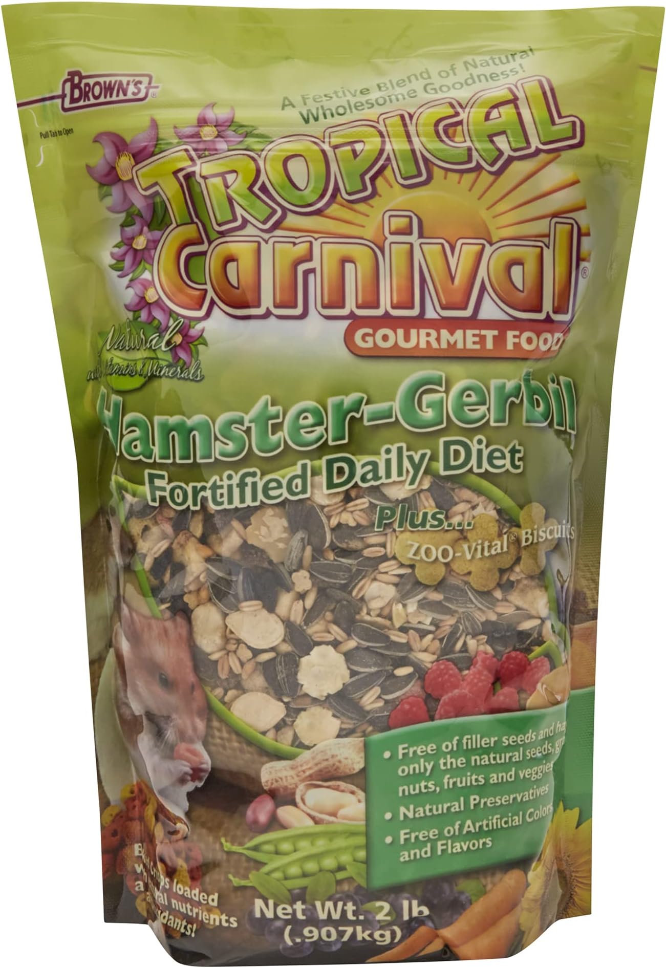 F.M. Brown Tropical Carnival Natural Hamster & Gerbil Food, 2-Pound Bag – No Fillers, All-Natural Seeds, Grains, Fruits & Veggies