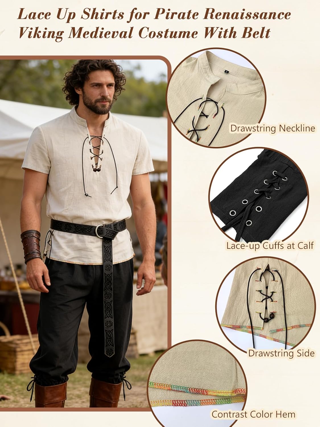 Verceco Renaissance Costume for Men 3PCS Short Sleeve Lace-Up Shirt Ankle-Banded Pants Belt Medieval LARP Cosplay