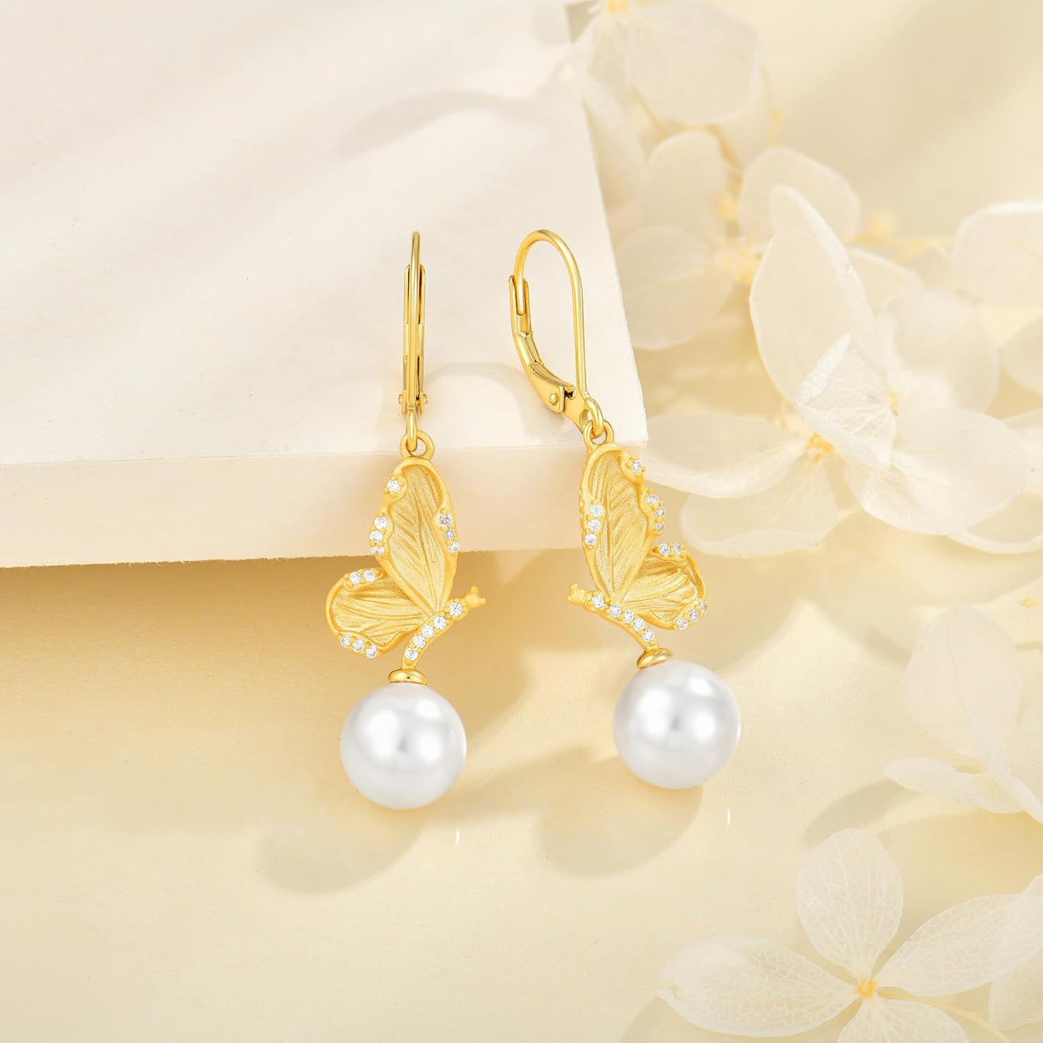 925 Sterling Silver Pearl Earrings for Women Pearl Butterfly Dangle Drop Earrings Cubic Zirconia White/Yellow Gold Plated Earring Jewelry - Image 2